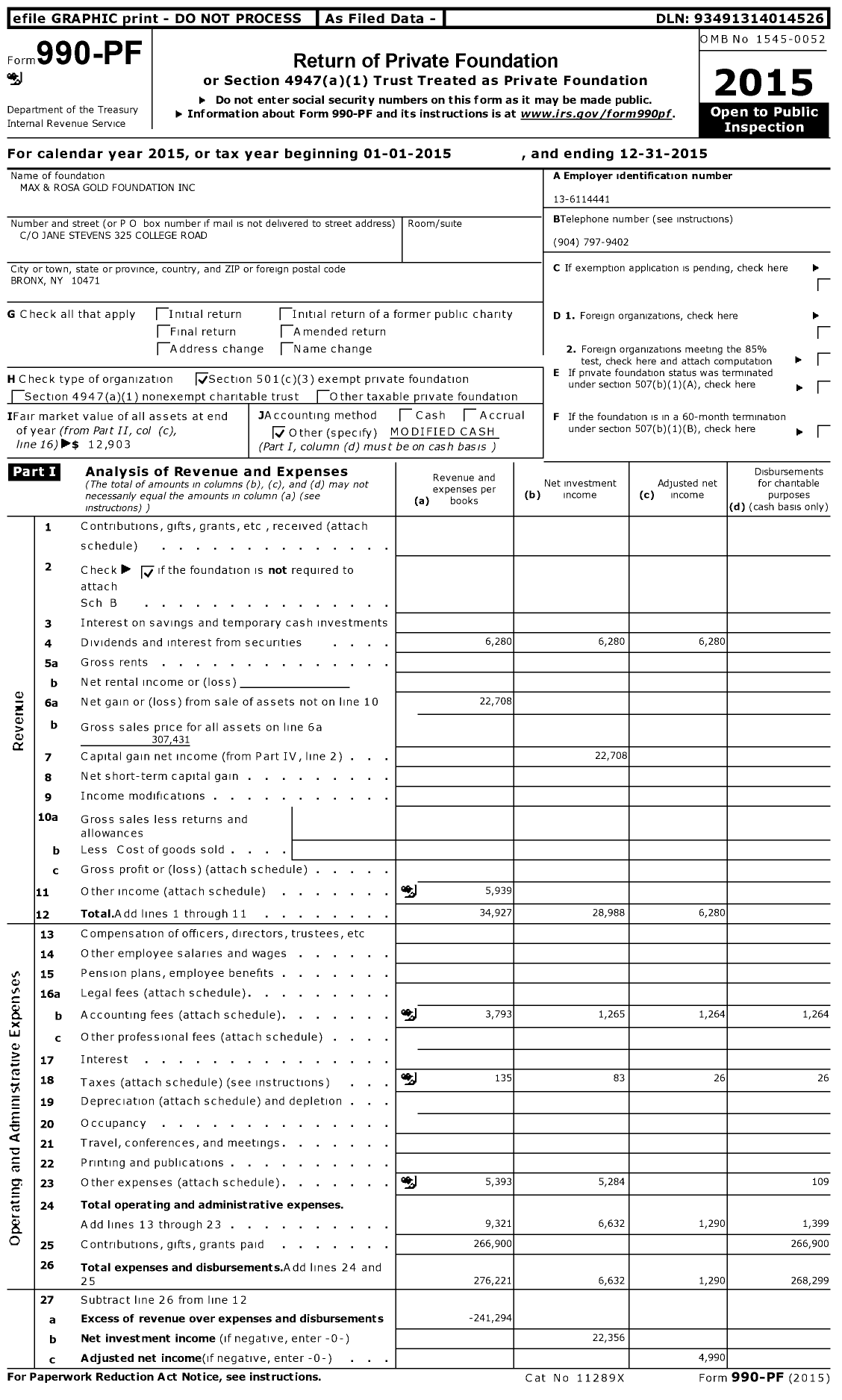 Image of first page of 2015 Form 990PF for Max and Rosa Gold Foundation