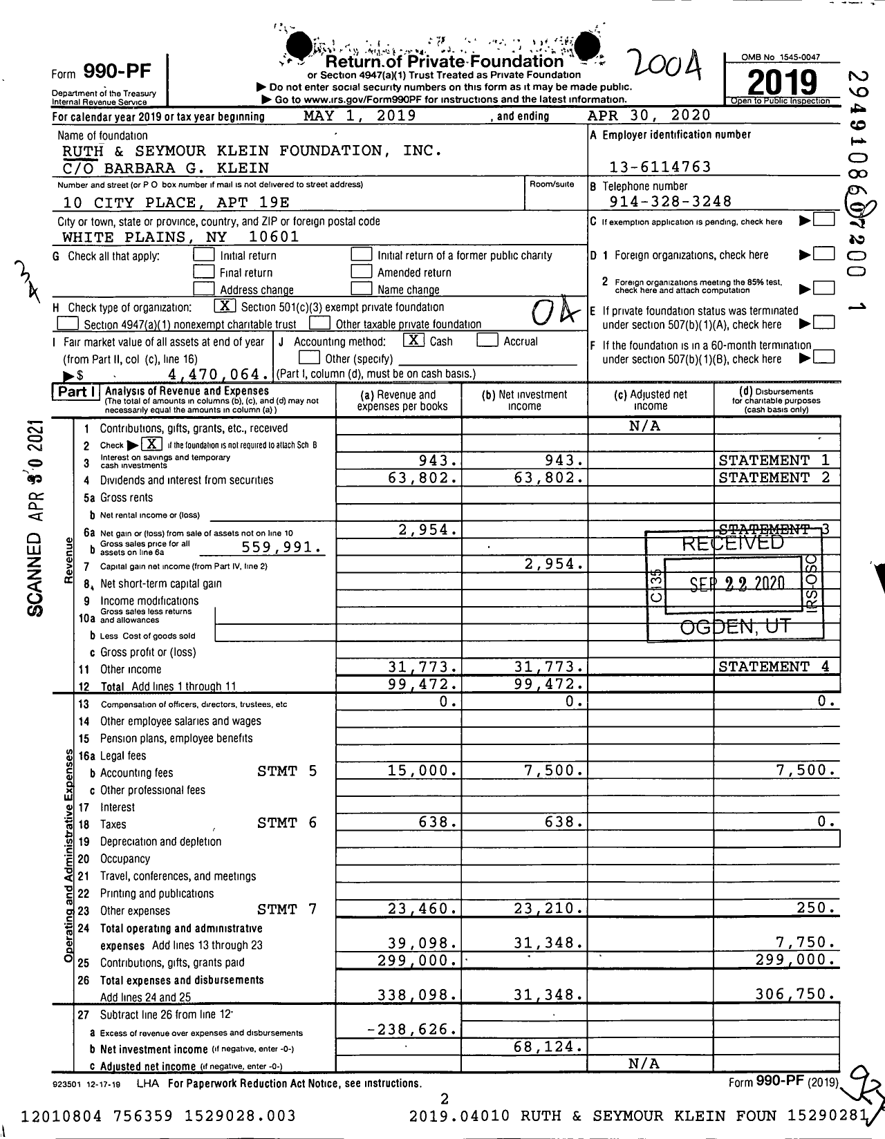 Image of first page of 2019 Form 990PF for Ruth and Seymour Klein Foundation