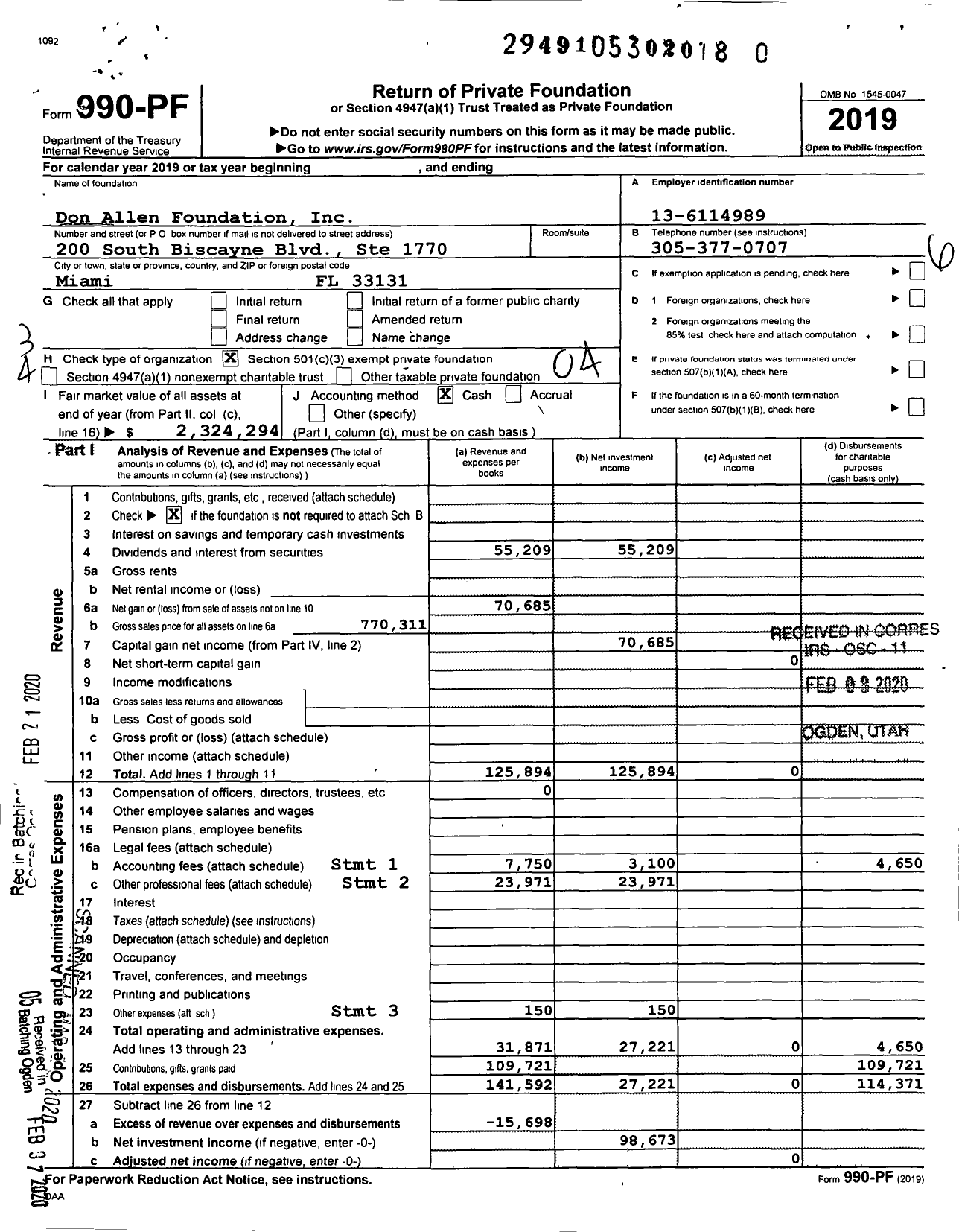 Image of first page of 2019 Form 990PR for Don Allen Foundation