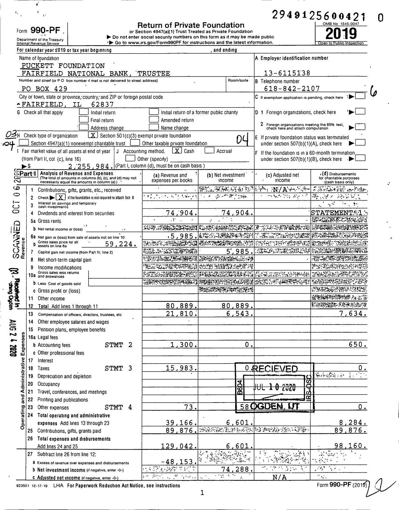 Image of first page of 2019 Form 990PR for Puckett Foundation Fairfield National Bank Trustee