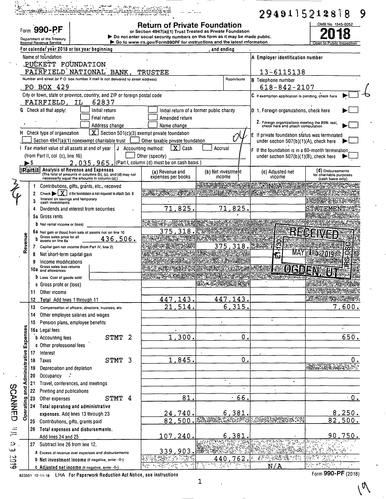 Image of first page of 2018 Form 990PF for Puckett Foundation Fairfield National Bank Trustee