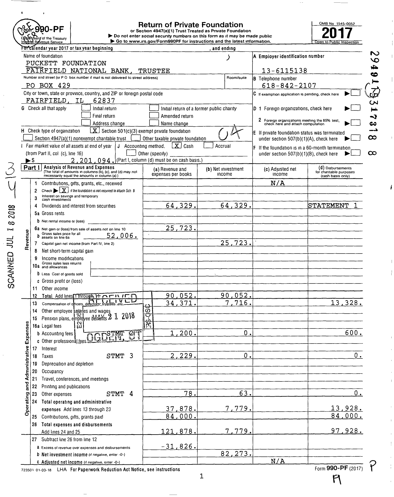 Image of first page of 2017 Form 990PF for Puckett Foundation Fairfield National Bank Trustee