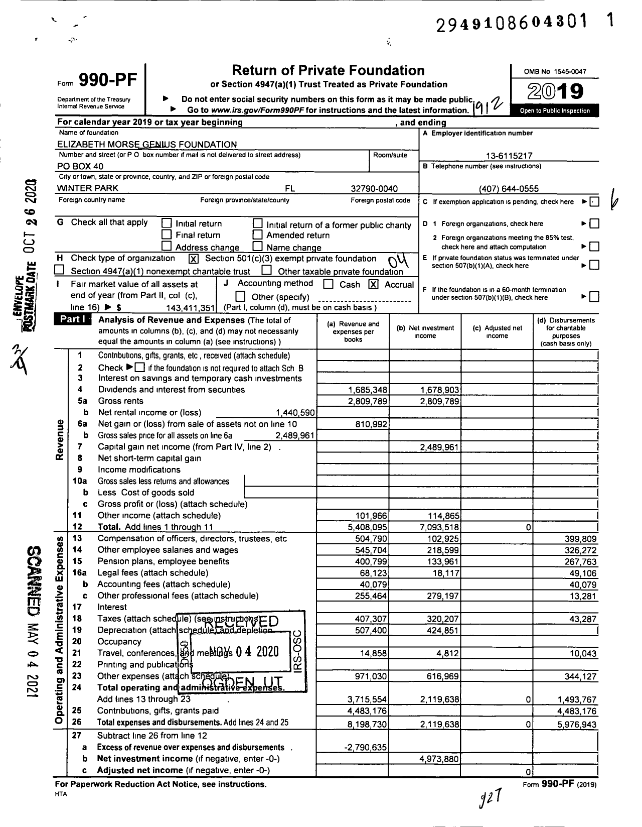 Image of first page of 2019 Form 990PF for Elizabeth Morse Genius Foundation (EMGF)