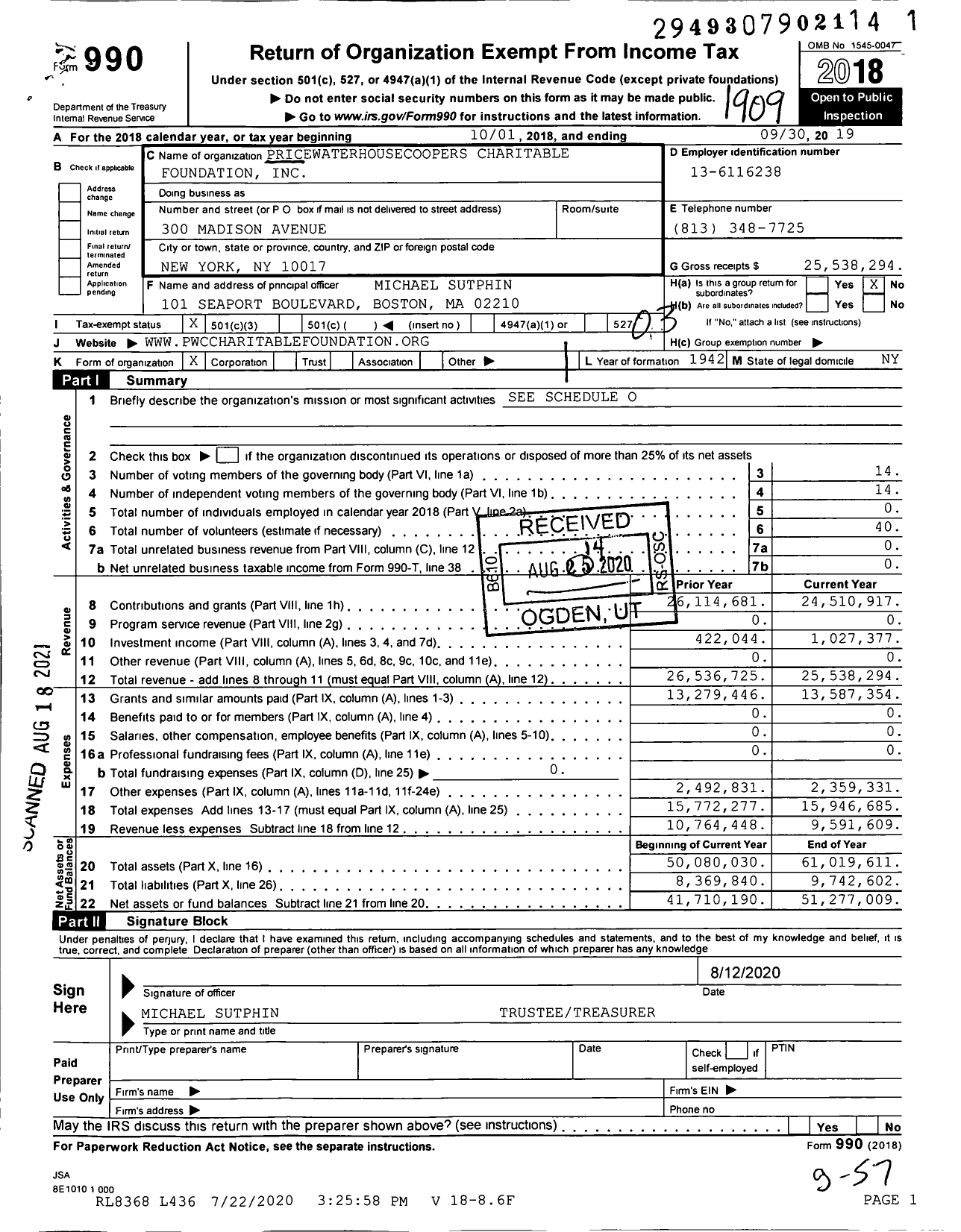 Image of first page of 2018 Form 990 for Pricewaterhousecoopers Charitable Foundation (PCCF)