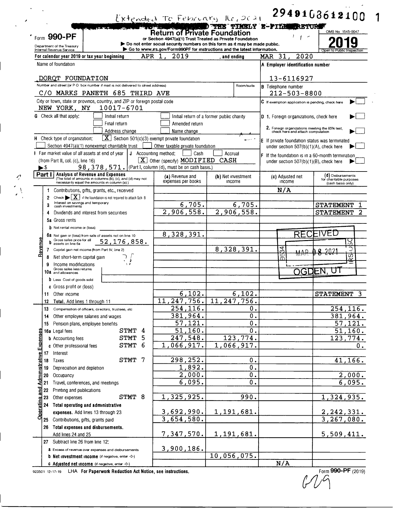 Image of first page of 2019 Form 990PF for Dorot Foundation