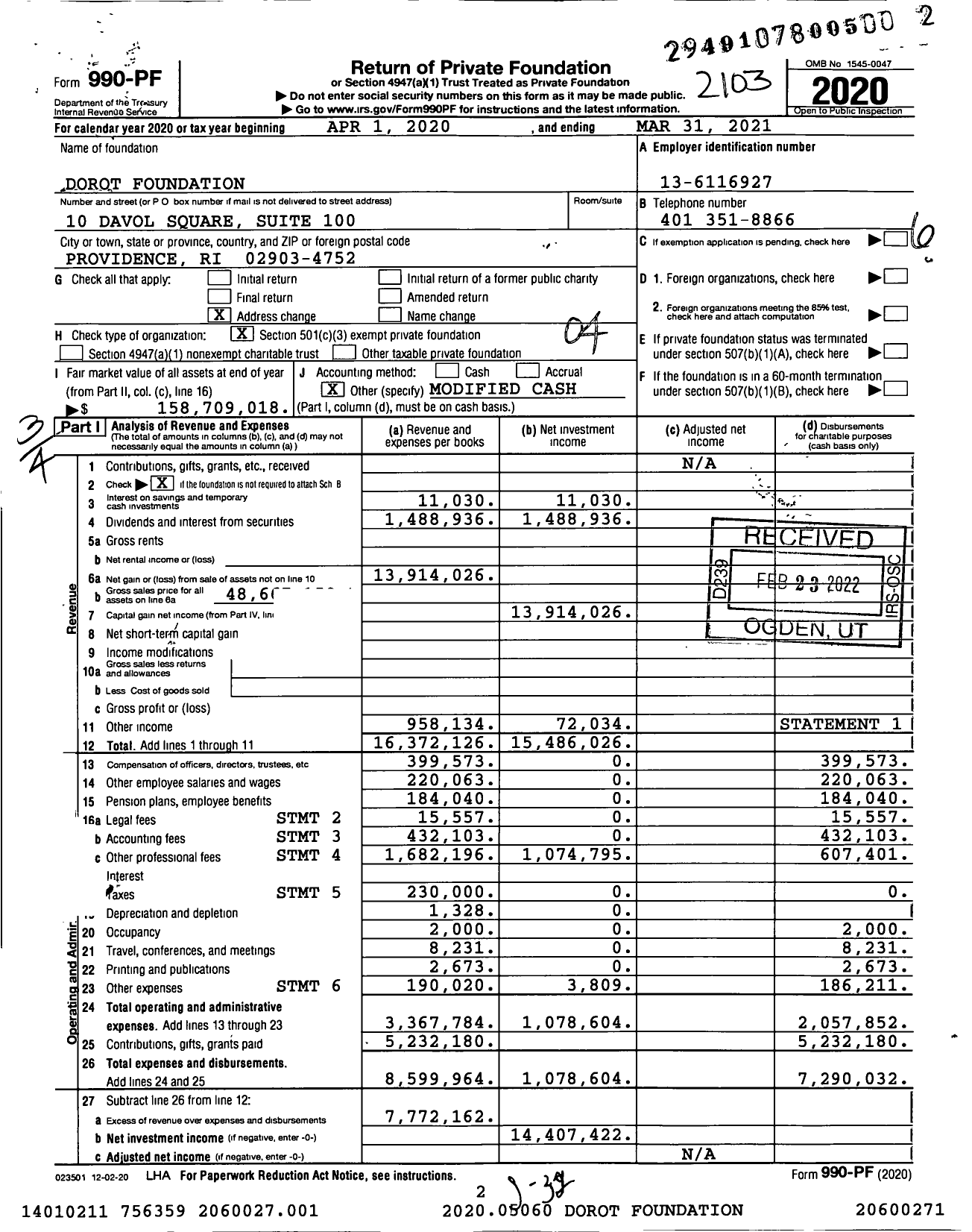 Image of first page of 2020 Form 990PF for Dorot Foundation