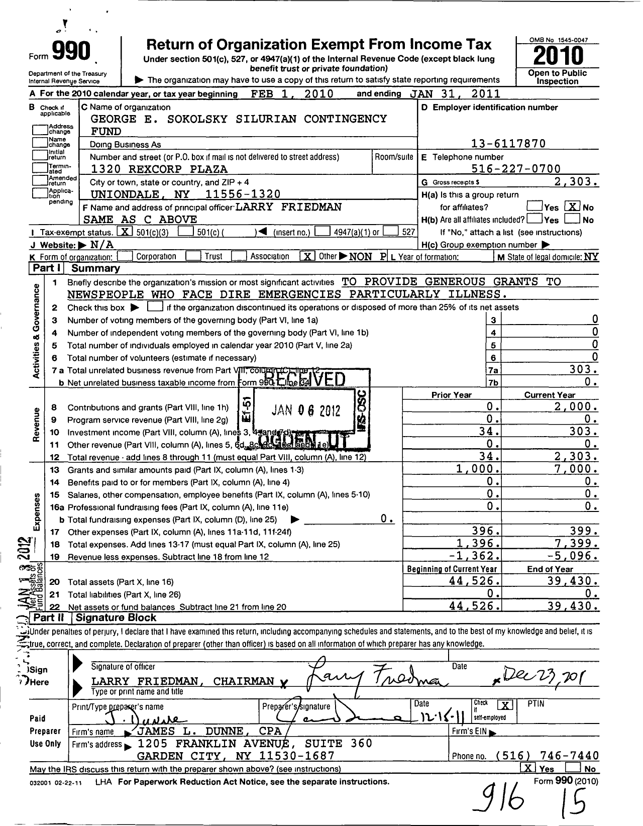 Image of first page of 2010 Form 990 for George E Sokolsky Silurian Contingency Fund