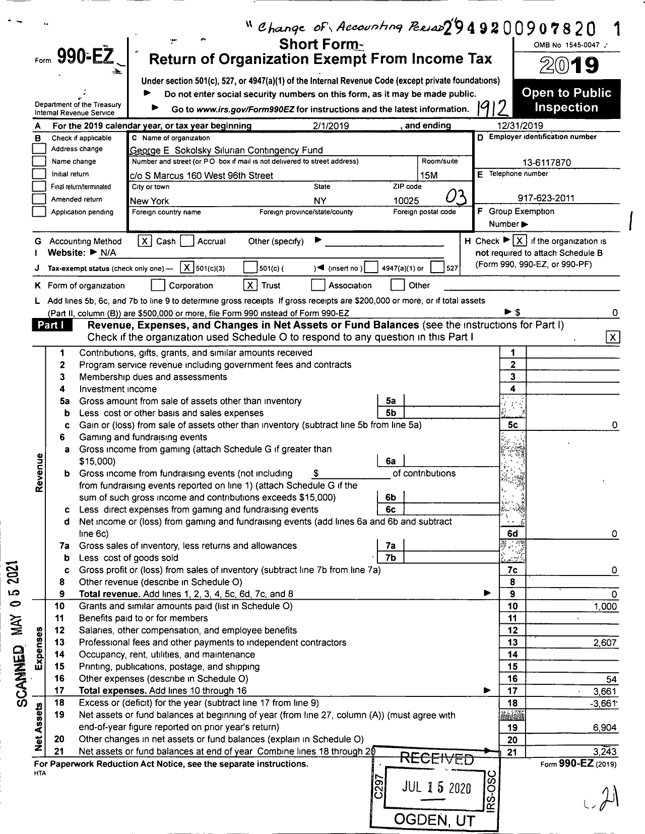 Image of first page of 2019 Form 990EZ for George E Sokolsky Silurian Contingency Fund