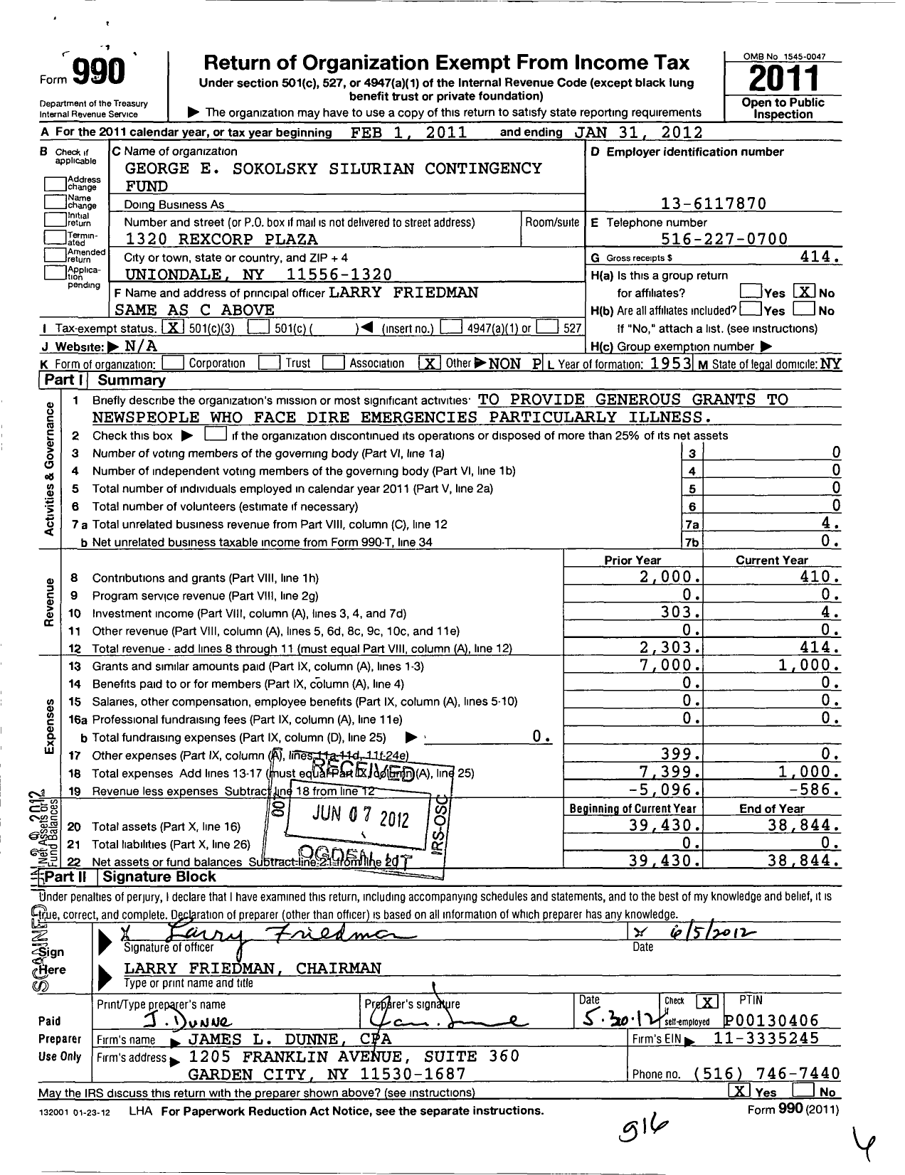 Image of first page of 2011 Form 990 for George E Sokolsky Silurian Contingency Fund