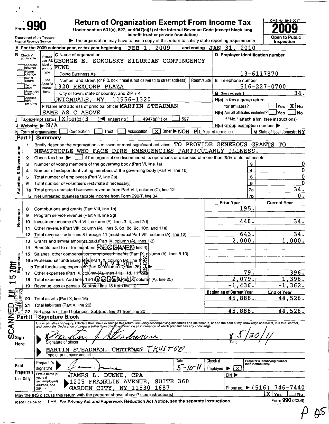 Image of first page of 2009 Form 990 for George E Sokolsky Silurian Contingency Fund