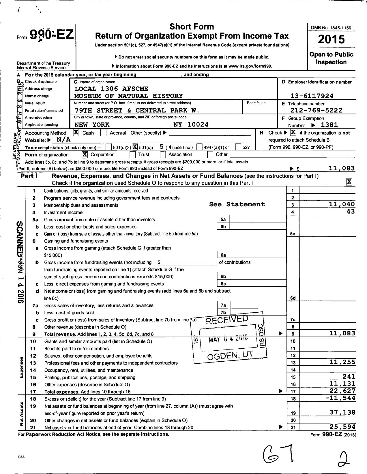 Image of first page of 2015 Form 990EO for American Federation of State County & Municipal Employees - L1306ny Amer Museum Natl Histry Emp