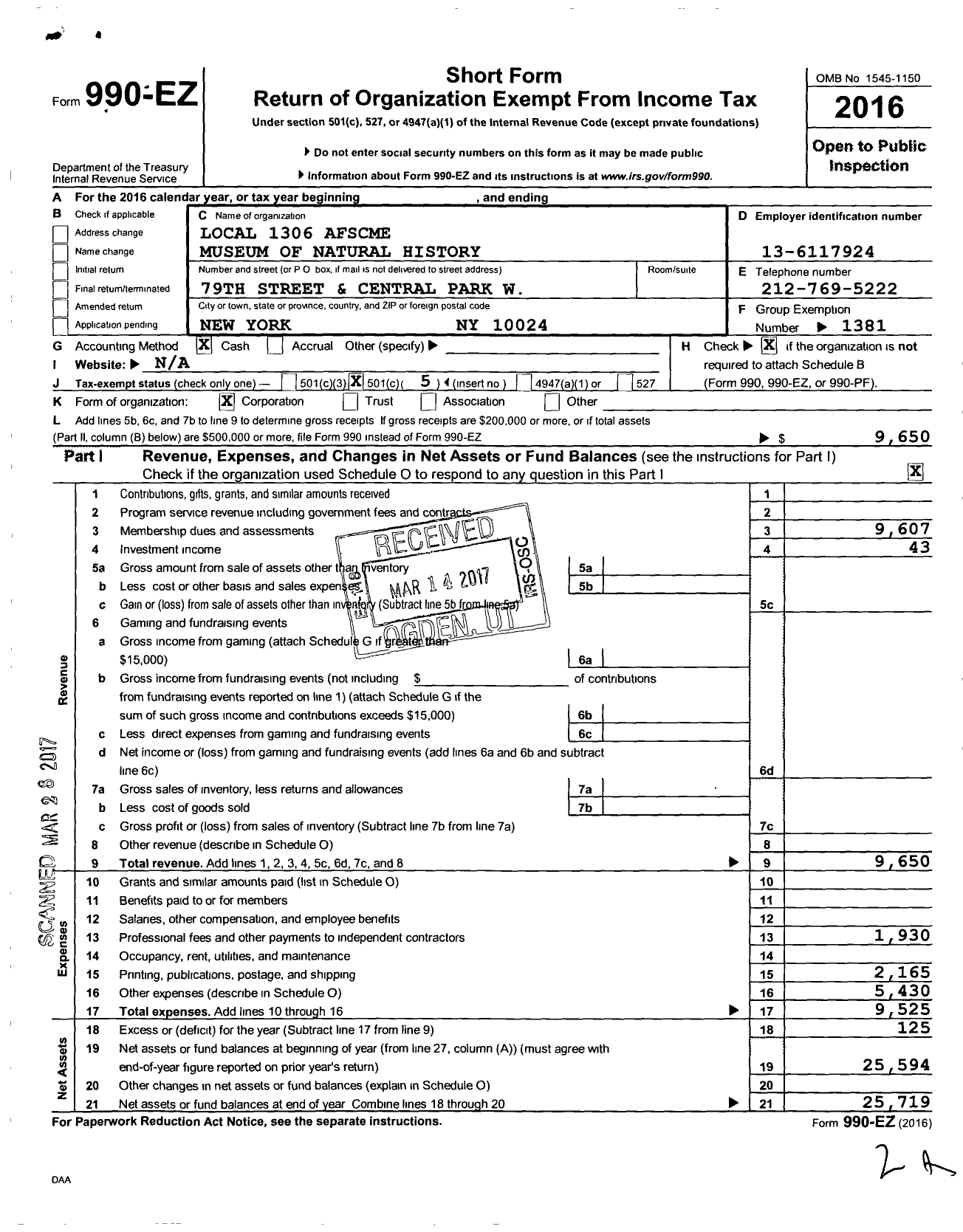 Image of first page of 2016 Form 990EO for American Federation of State County & Municipal Employees - L1306ny Amer Museum Natl Histry Emp