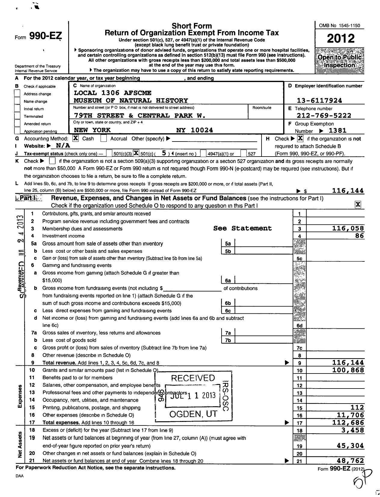 Image of first page of 2012 Form 990EO for American Federation of State County & Municipal Employees - L1306ny Amer Museum Natl Histry Emp