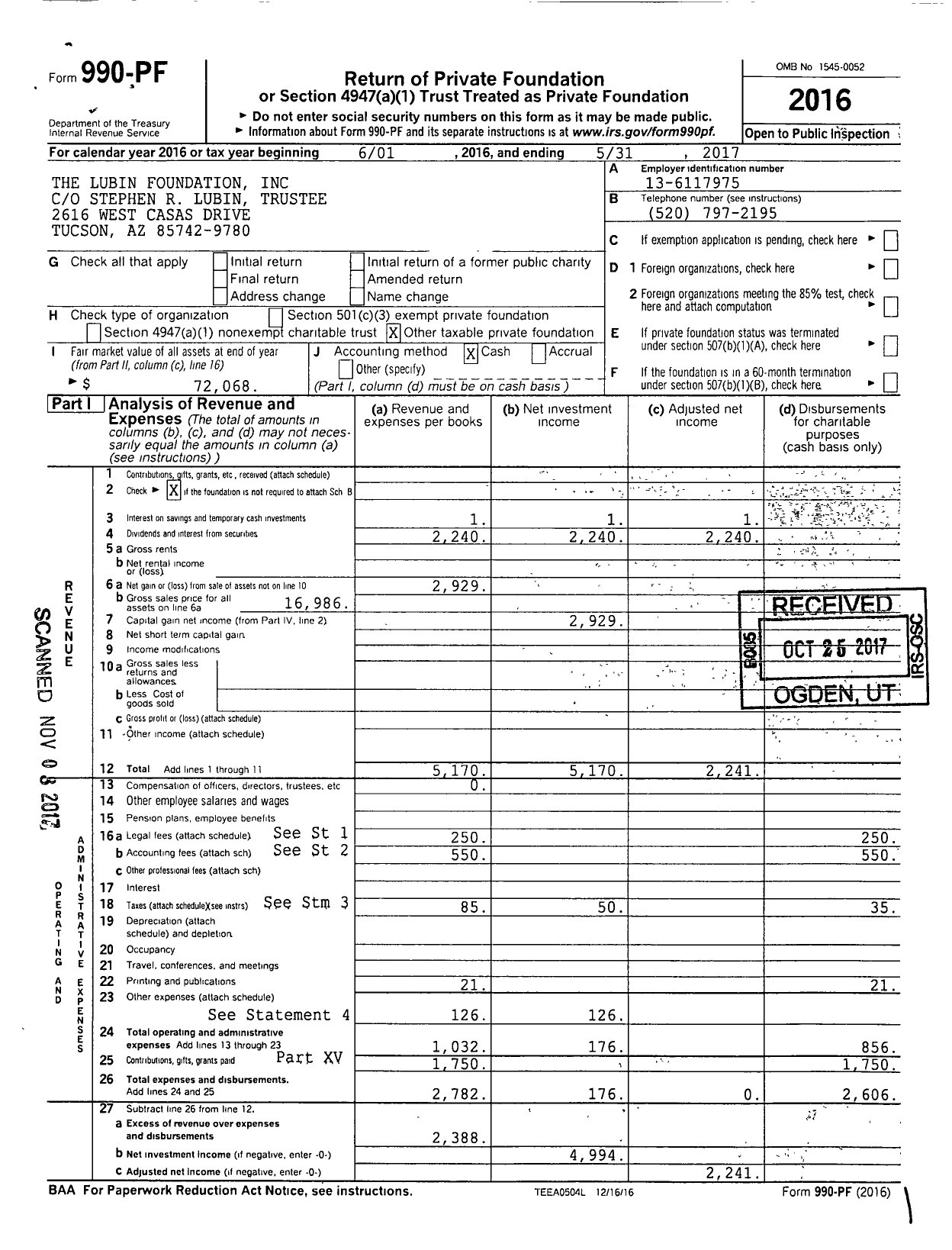Image of first page of 2016 Form 990PF for The Lubin Foundation