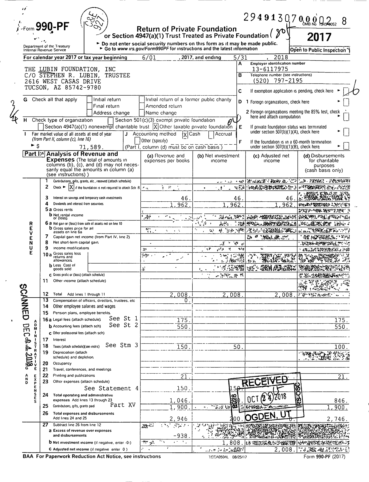 Image of first page of 2017 Form 990PF for The Lubin Foundation