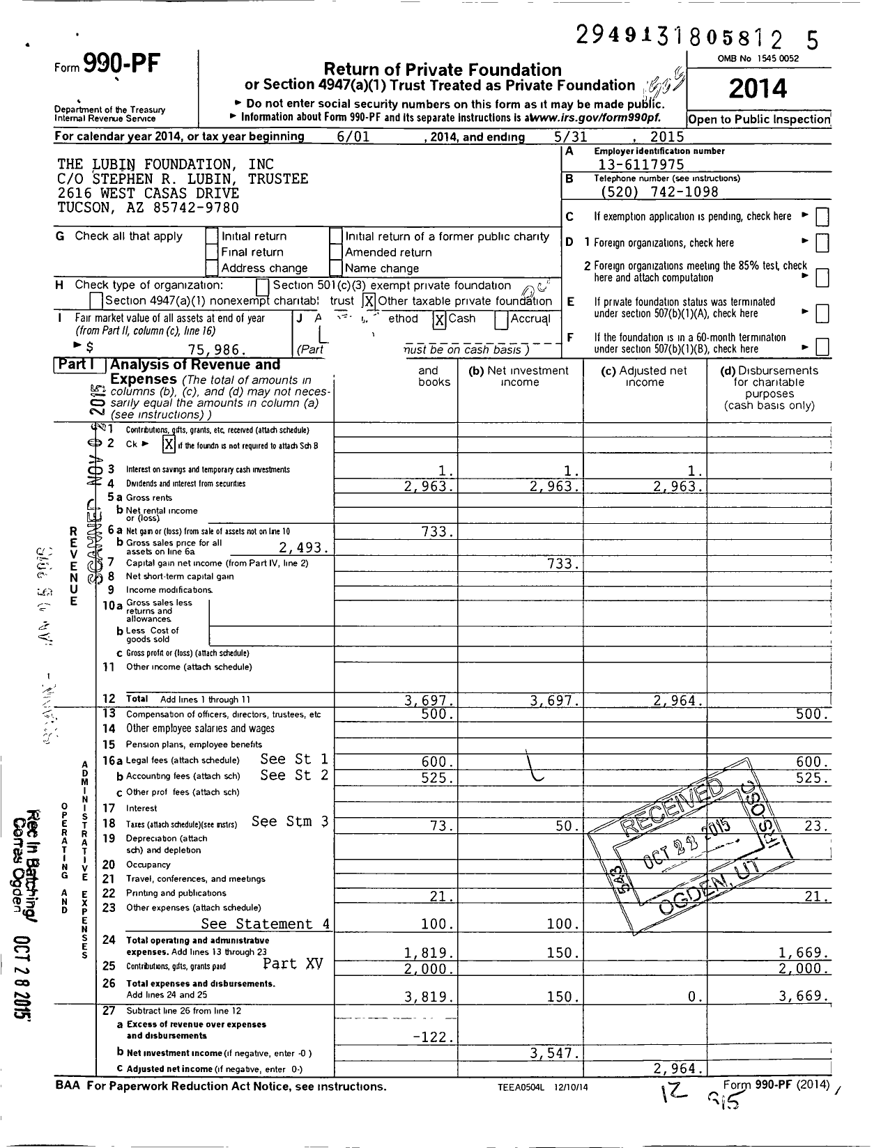 Image of first page of 2014 Form 990PF for The Lubin Foundation