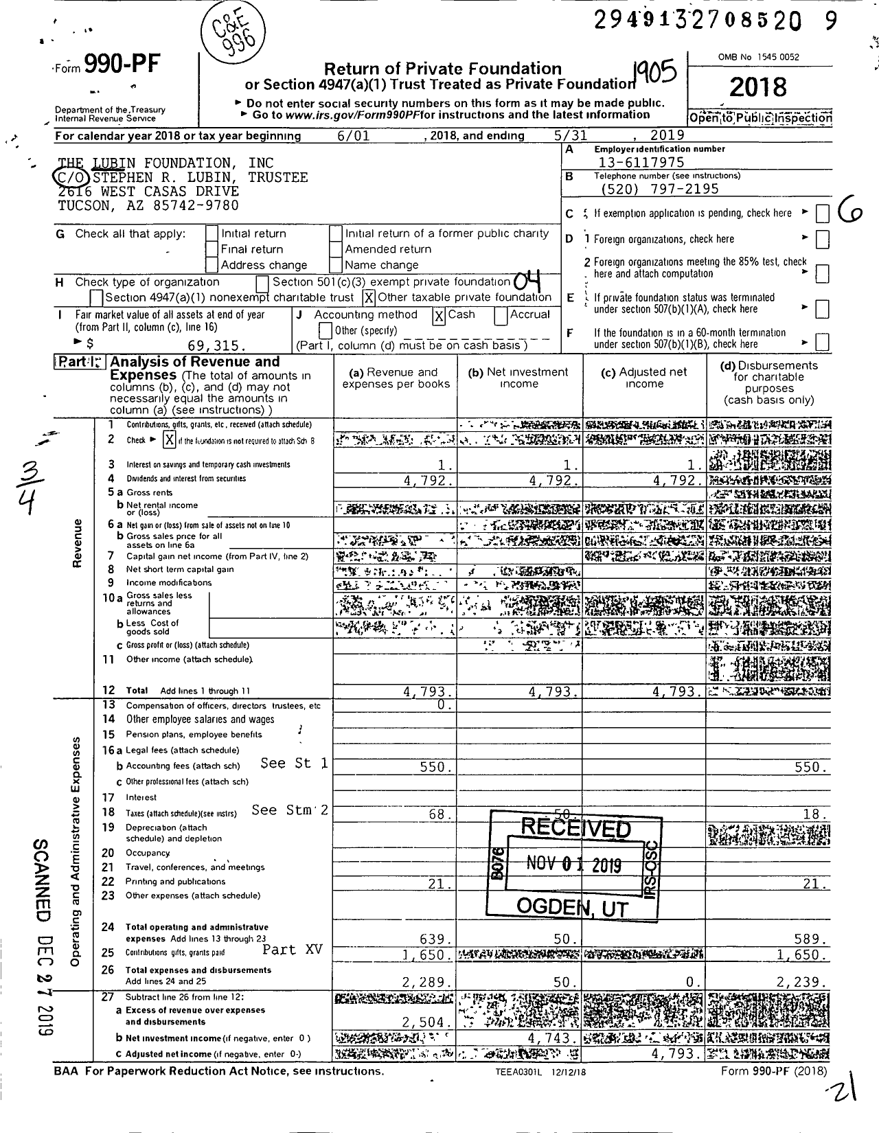 Image of first page of 2018 Form 990PF for The Lubin Foundation