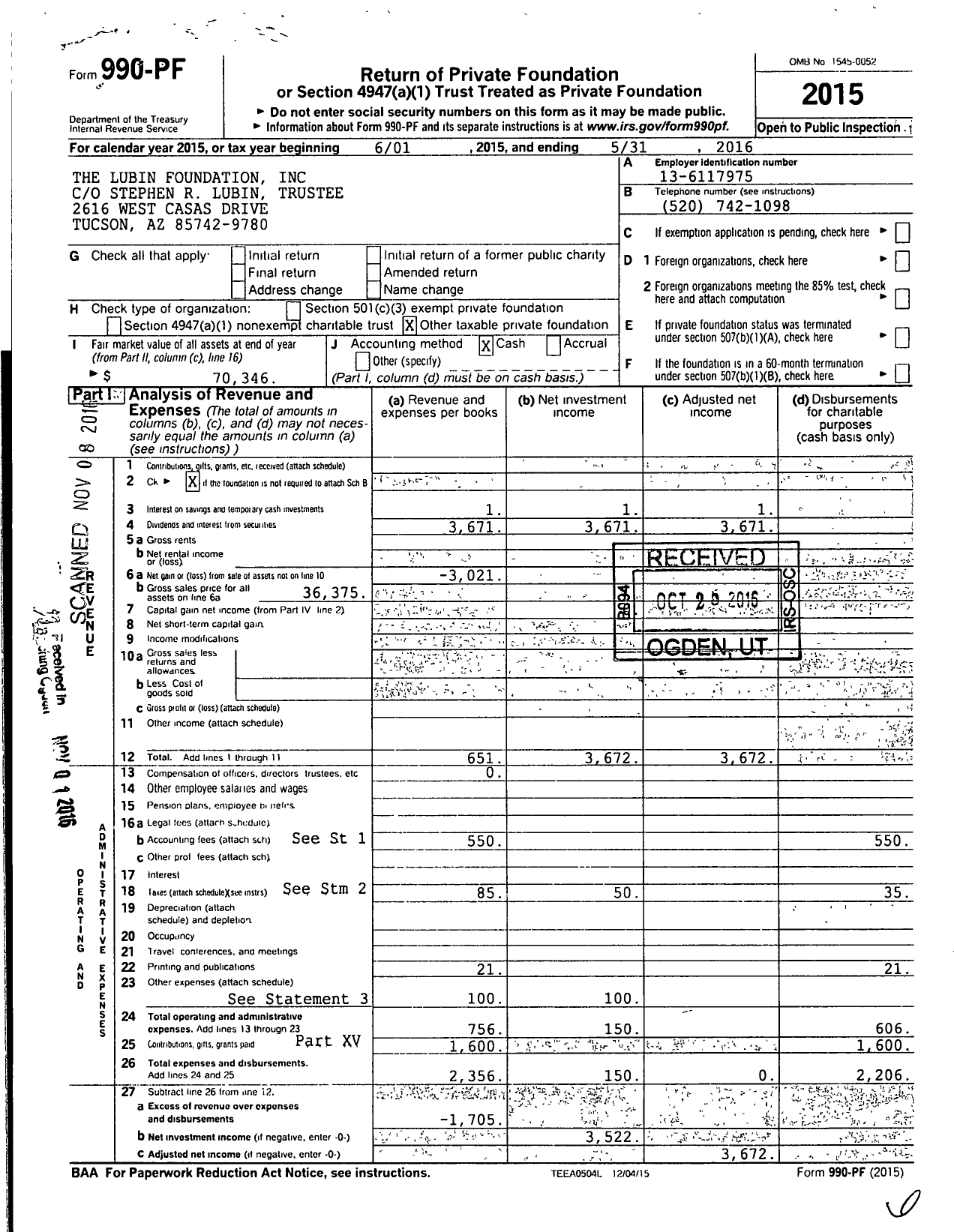 Image of first page of 2015 Form 990PF for The Lubin Foundation