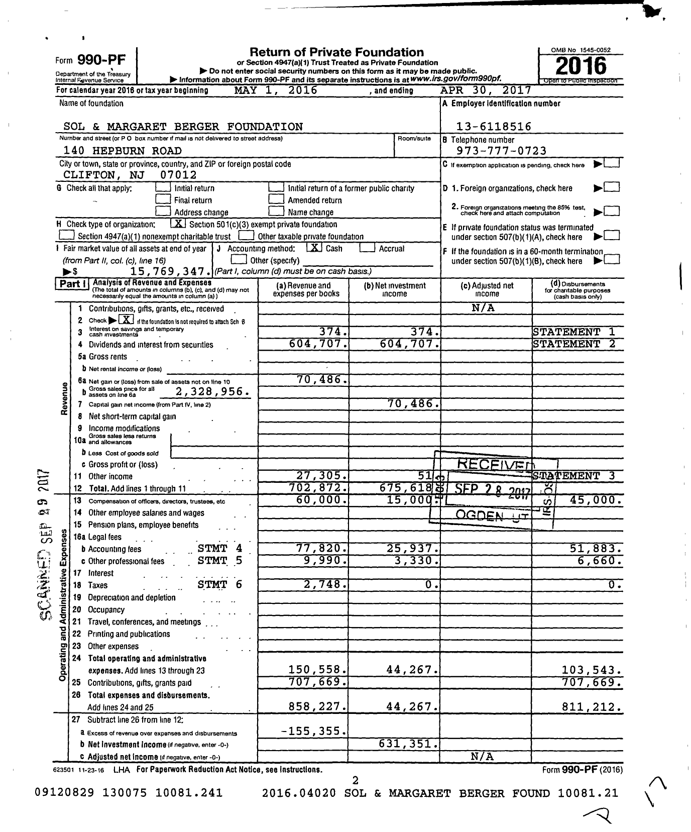 Image of first page of 2016 Form 990PF for Sol and Margaret Berger Foundation