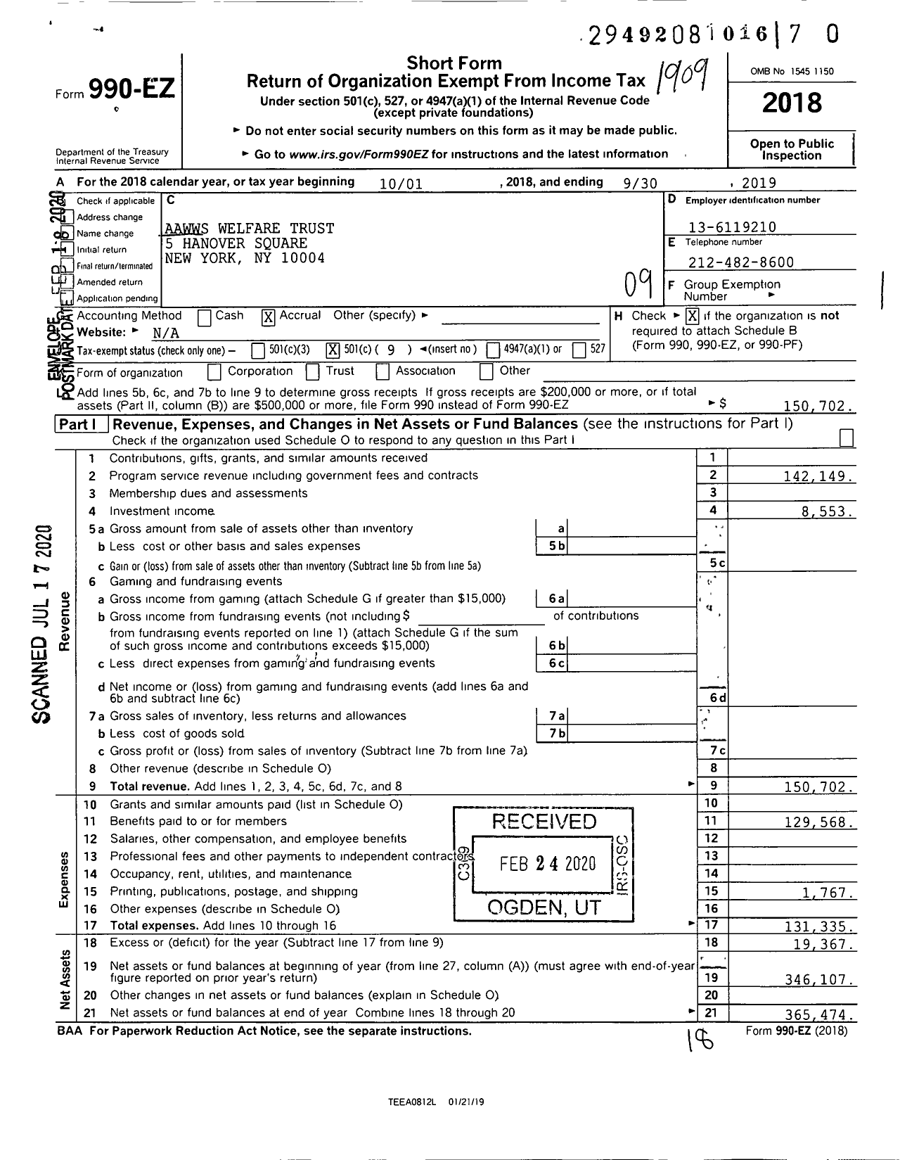 Image of first page of 2018 Form 990EO for Aawws Welfare Fund