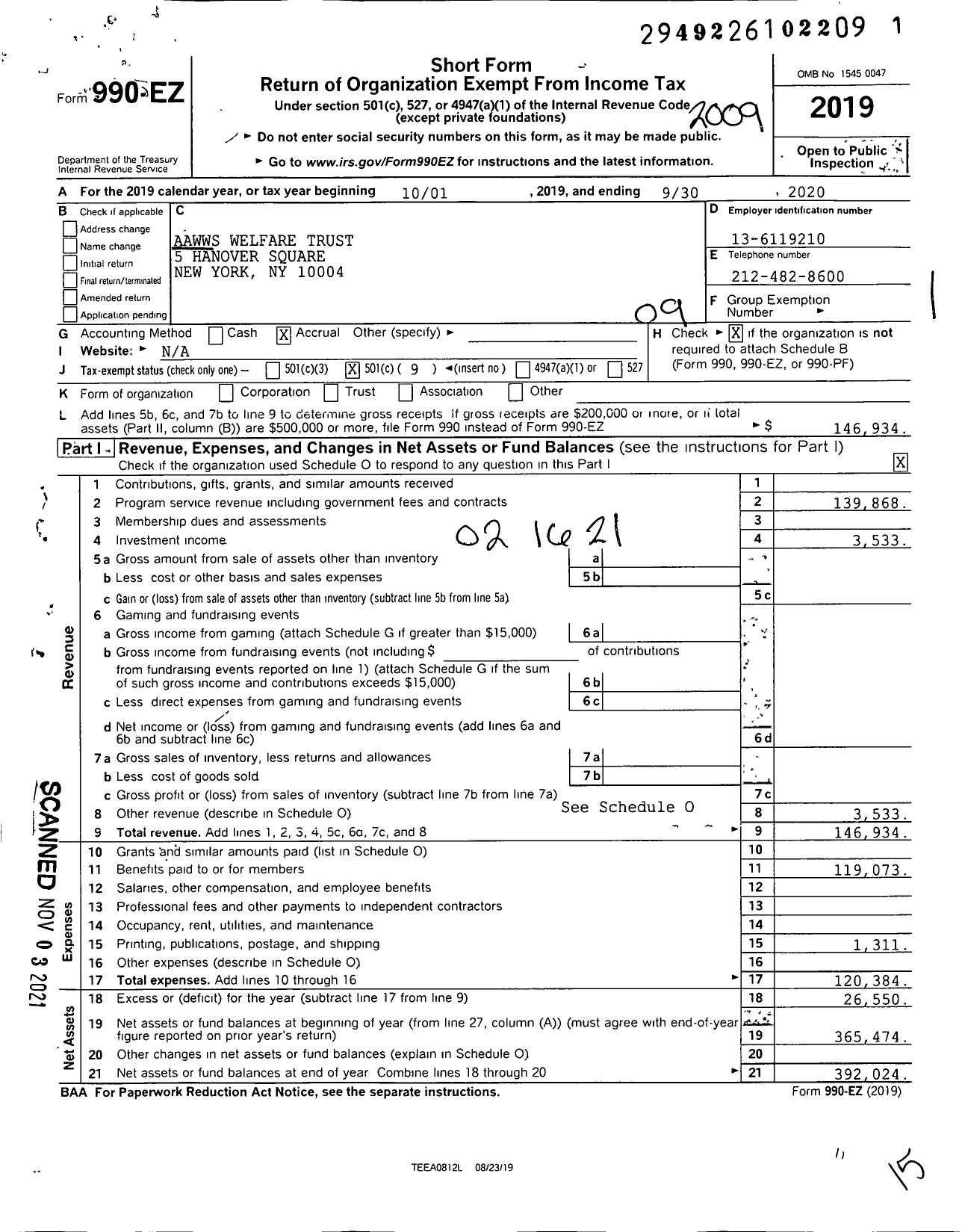 Image of first page of 2019 Form 990EO for Aawws Welfare Fund