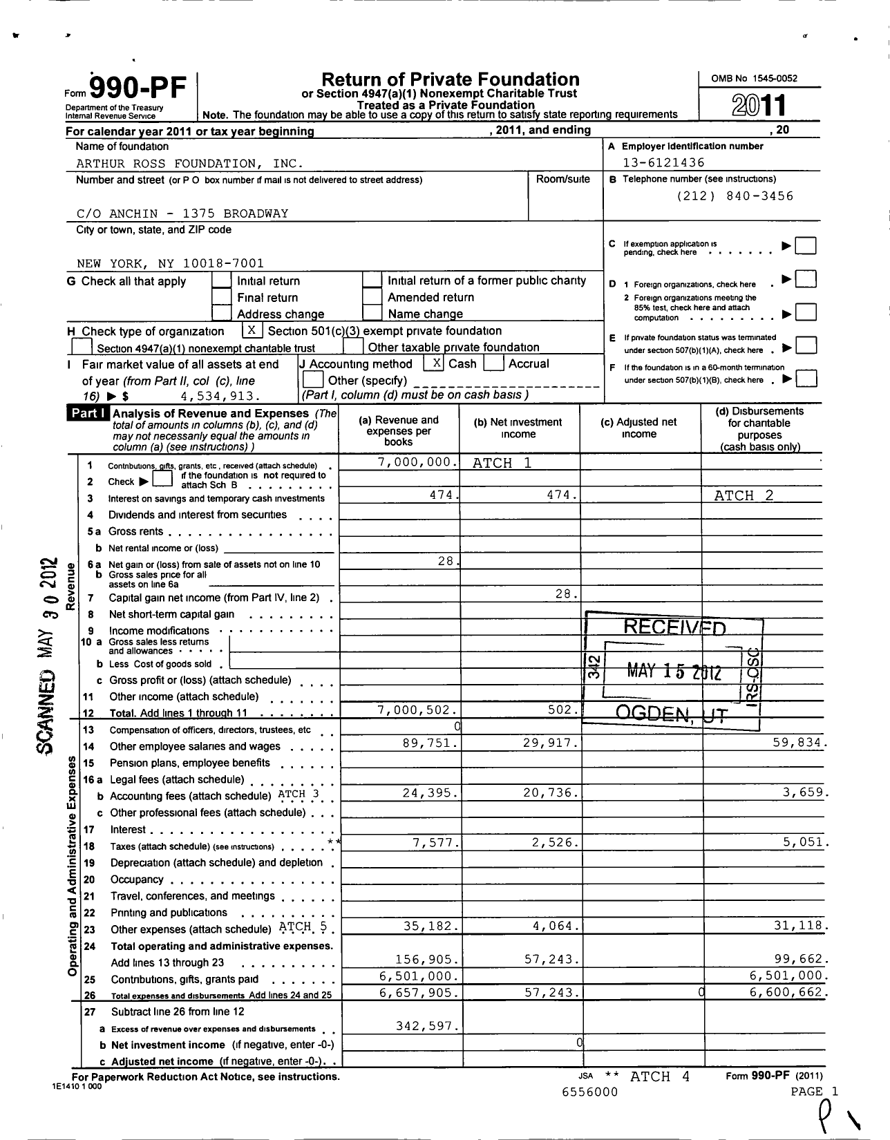 Image of first page of 2011 Form 990PF for Arthur Ross Foundation