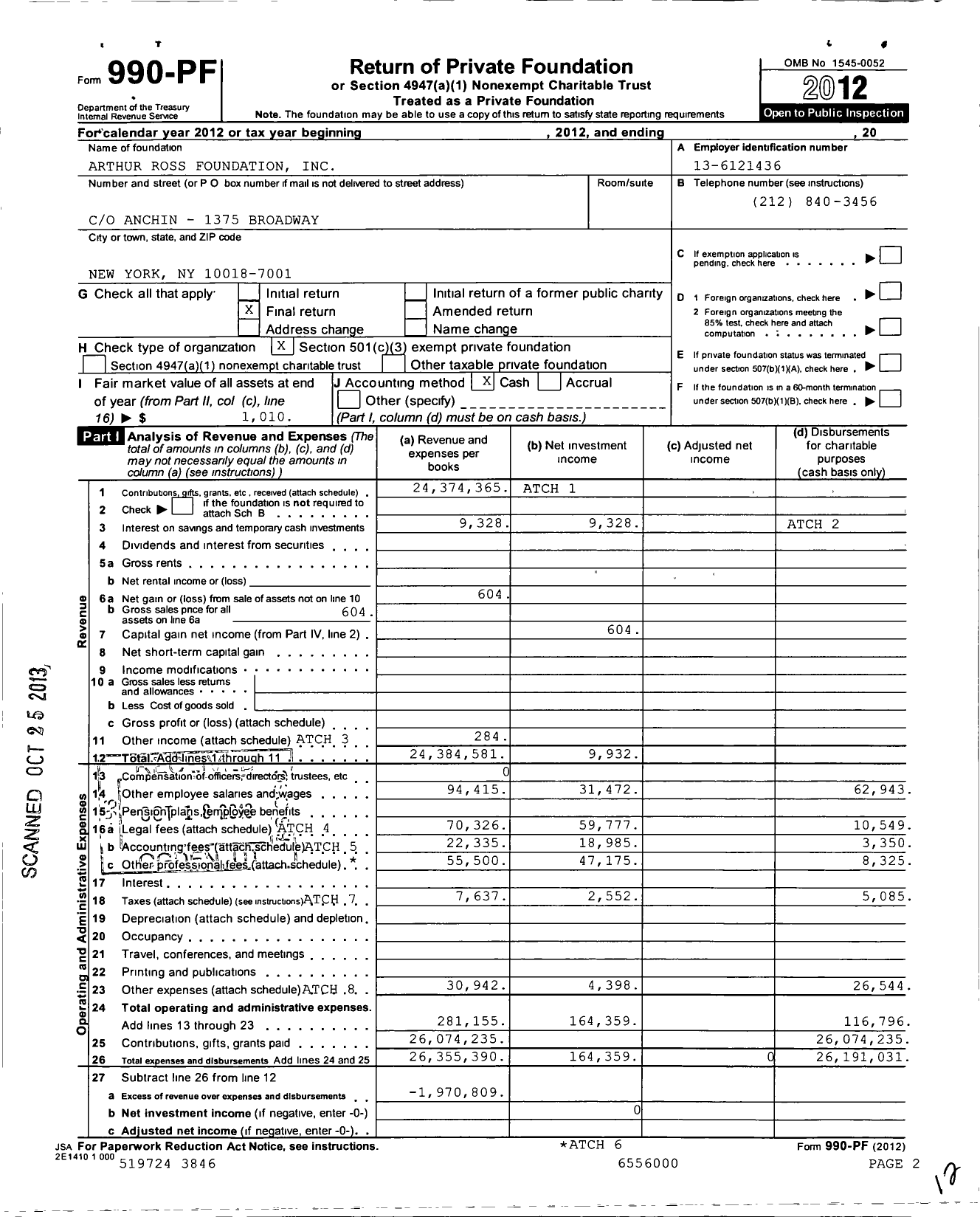 Image of first page of 2012 Form 990PF for Arthur Ross Foundation