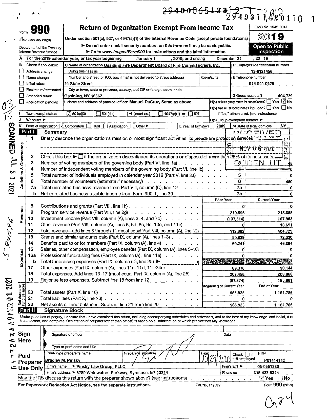 Image of first page of 2019 Form 990 for Ossining Fire Department Board of Fire Commissioners