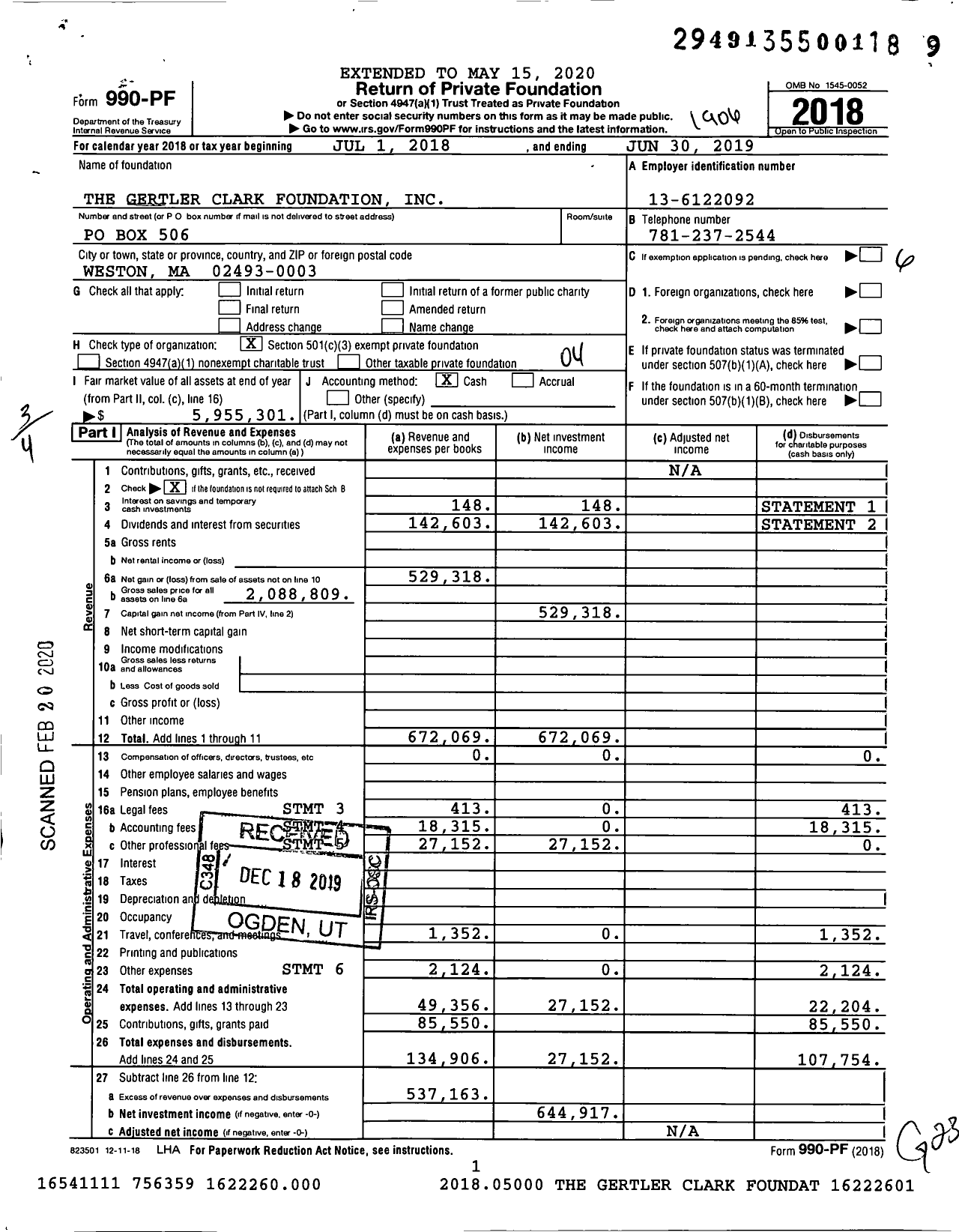 Image of first page of 2018 Form 990PF for The Gertler Clark Foundation