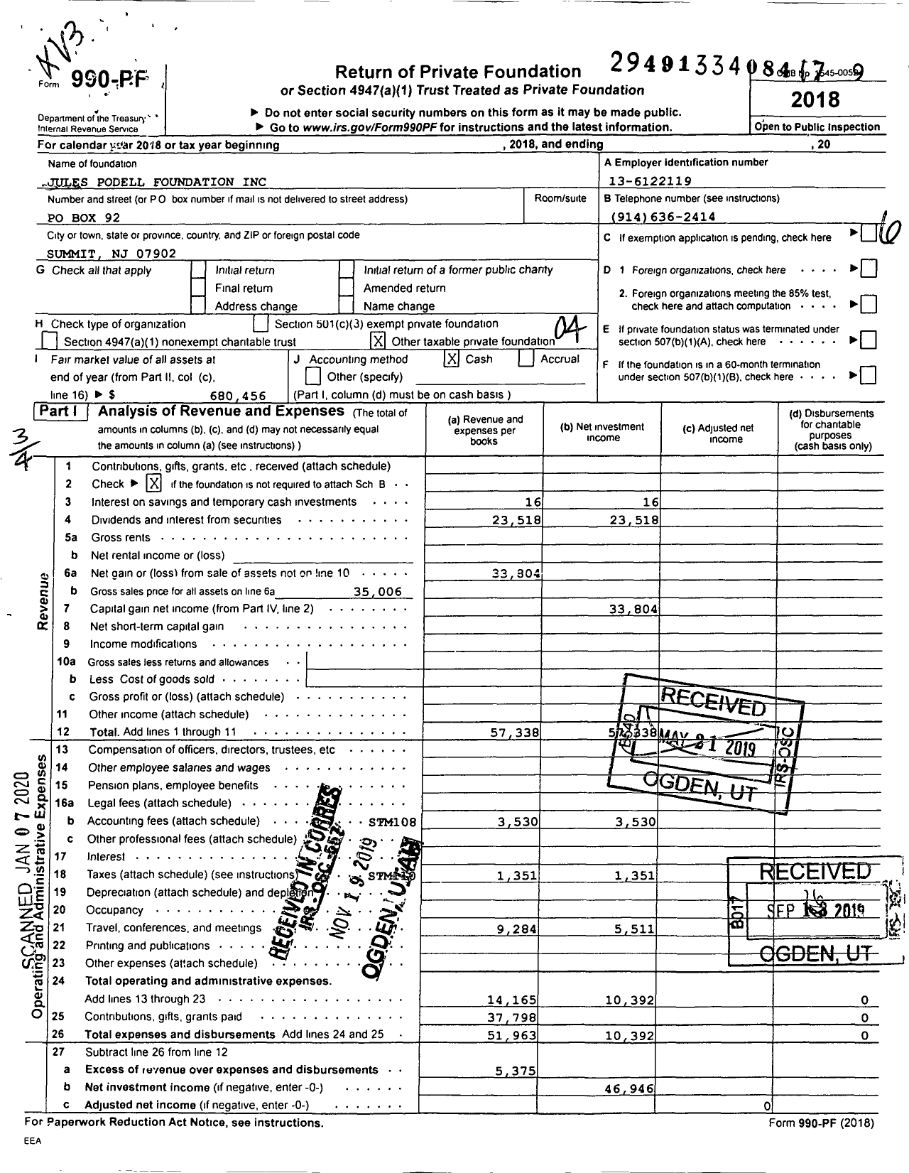 Image of first page of 2018 Form 990PF for Jules Podell Foundation