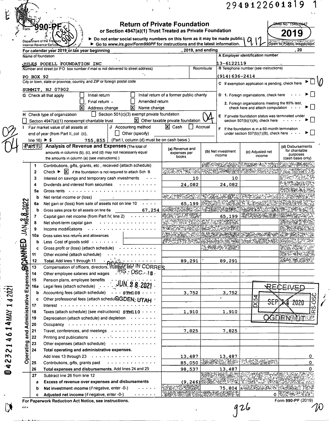 Image of first page of 2019 Form 990PF for Jules Podell Foundation