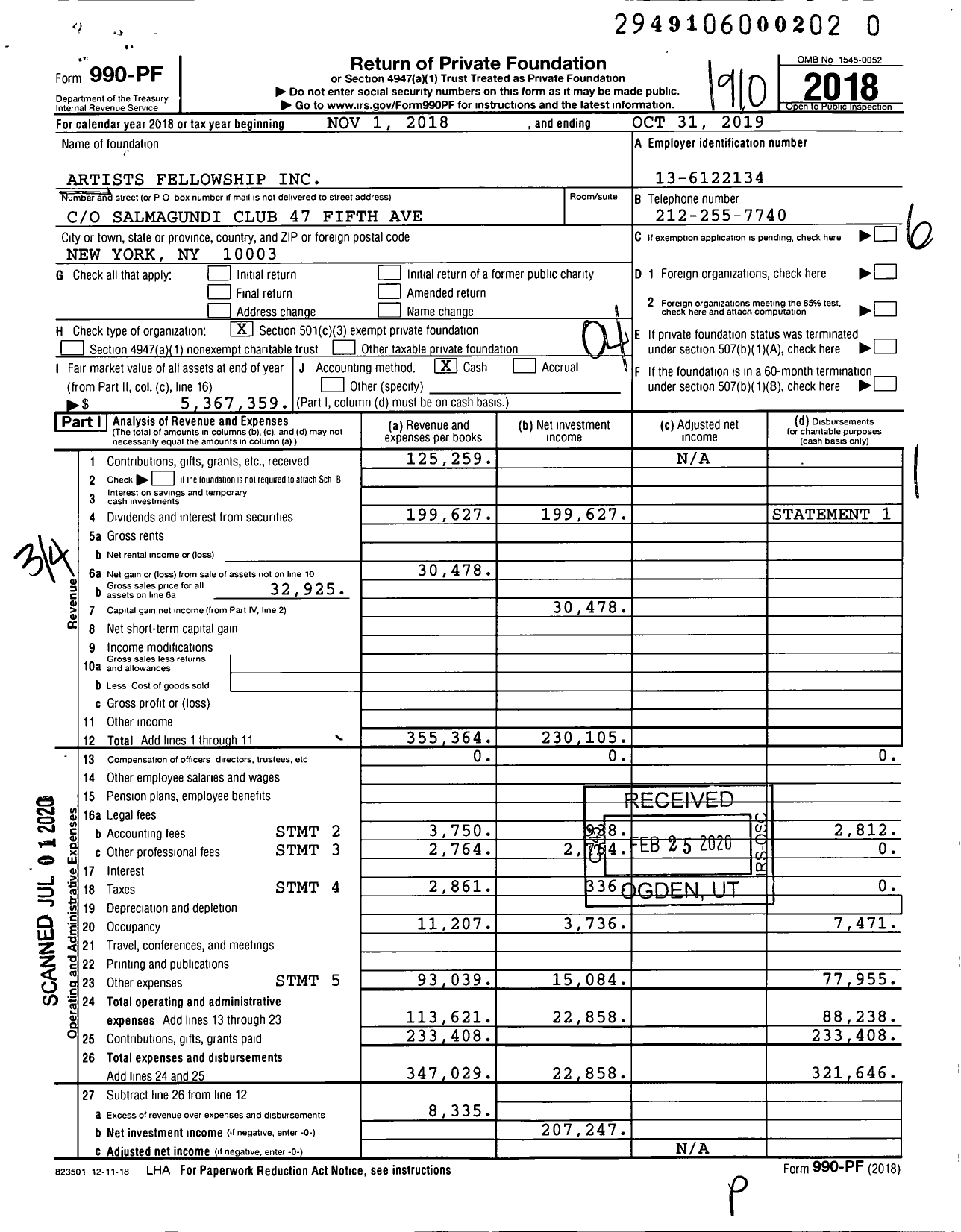 Image of first page of 2018 Form 990PR for Artists Fellowship