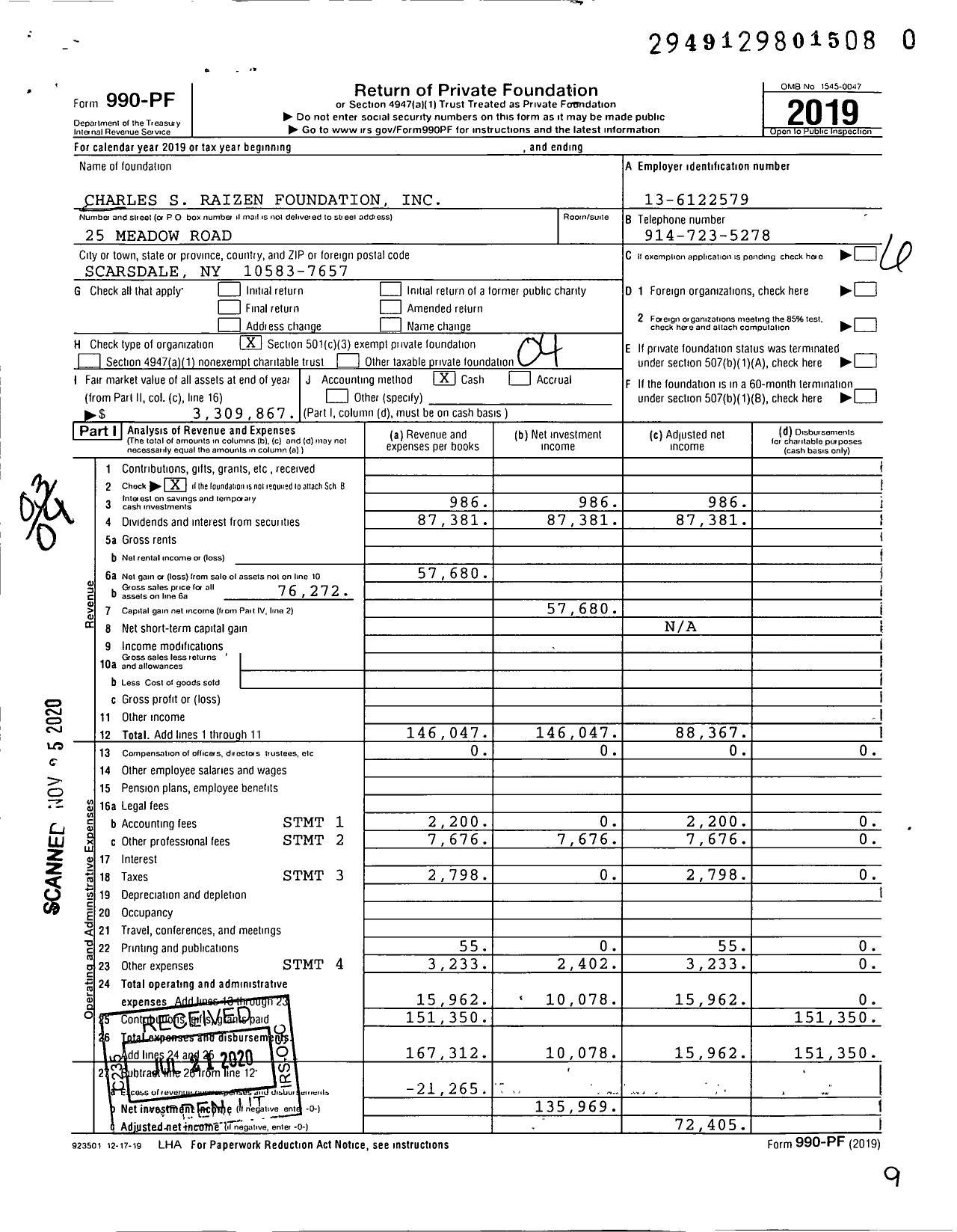 Image of first page of 2019 Form 990PF for Charles S Raizen Foundation