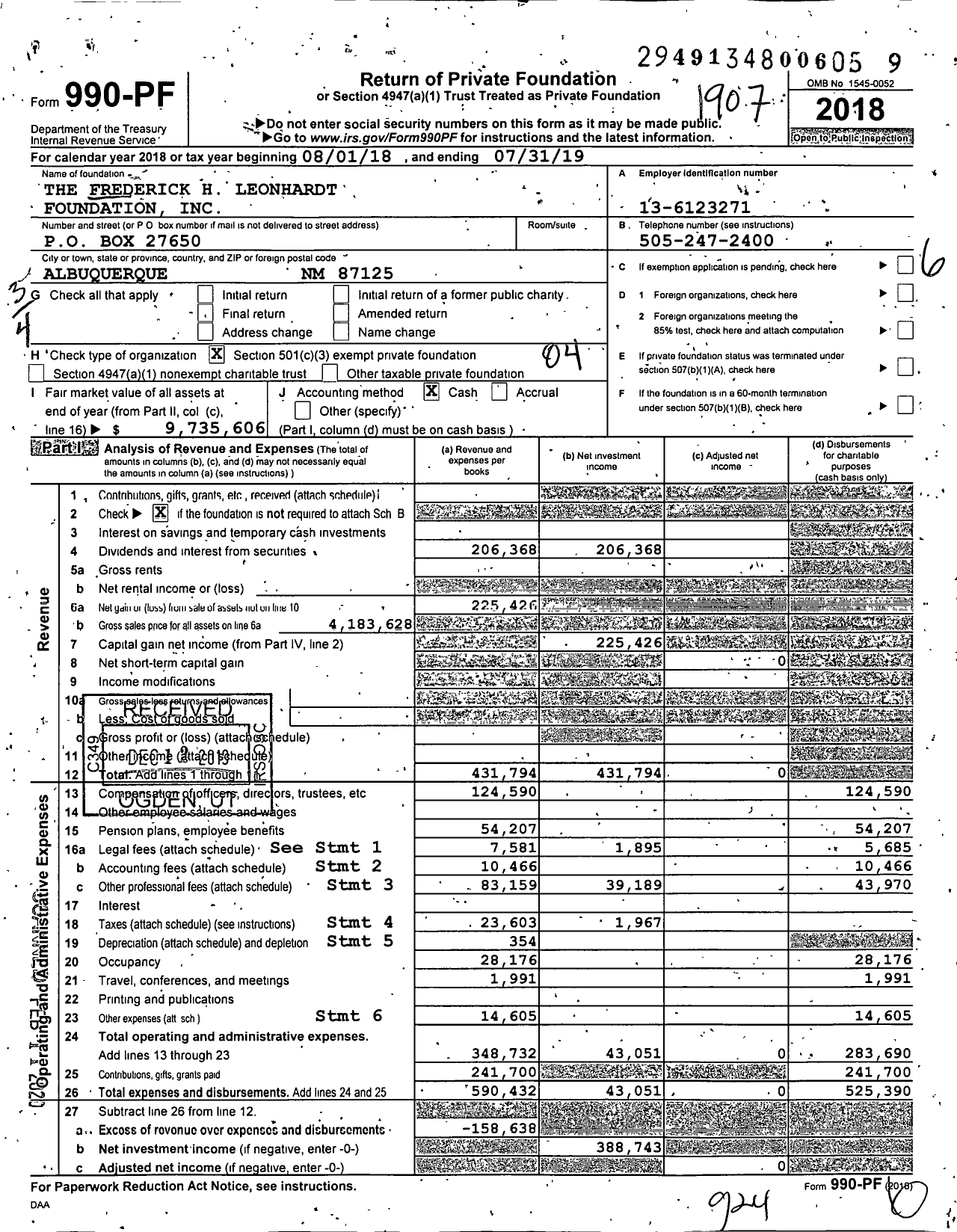 Image of first page of 2018 Form 990PF for The Frederick H Leonhardt Foundation