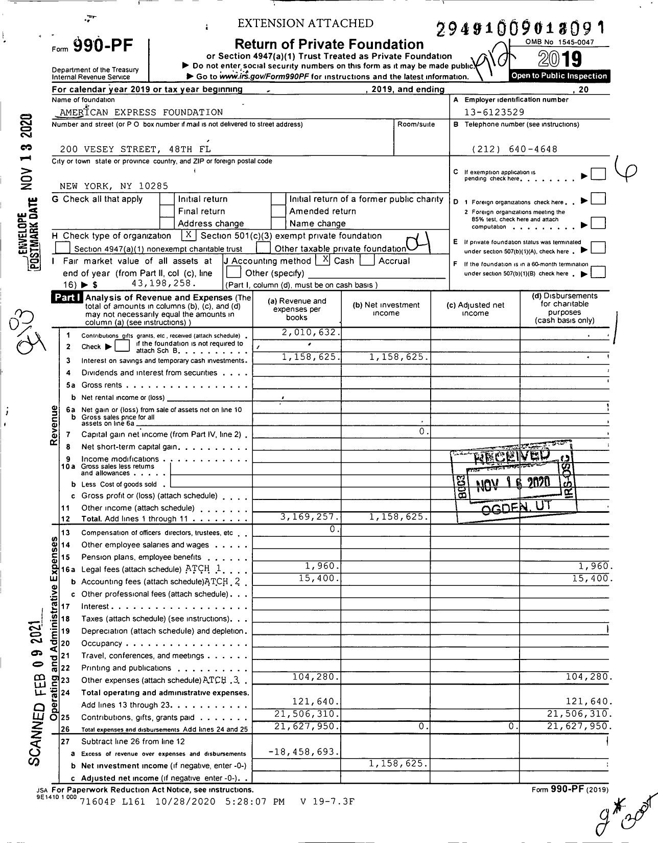 Image of first page of 2019 Form 990PF for American Express Foundation