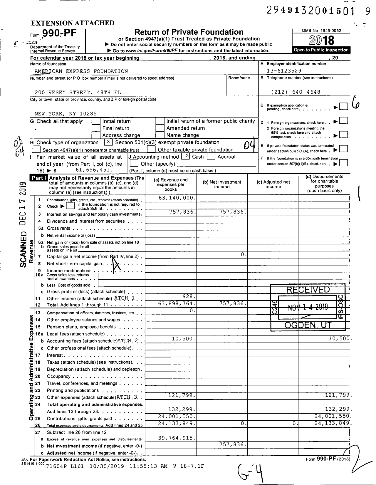 Image of first page of 2018 Form 990PF for American Express Foundation