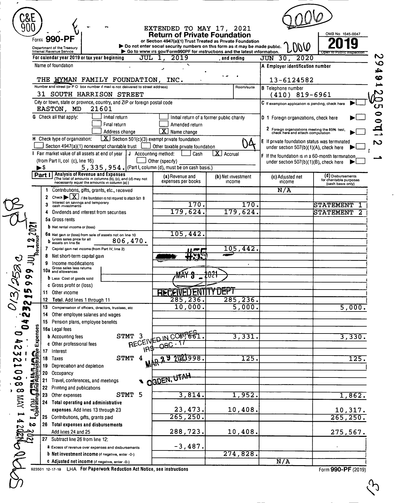 Image of first page of 2019 Form 990PF for The Wyman Family Foundation