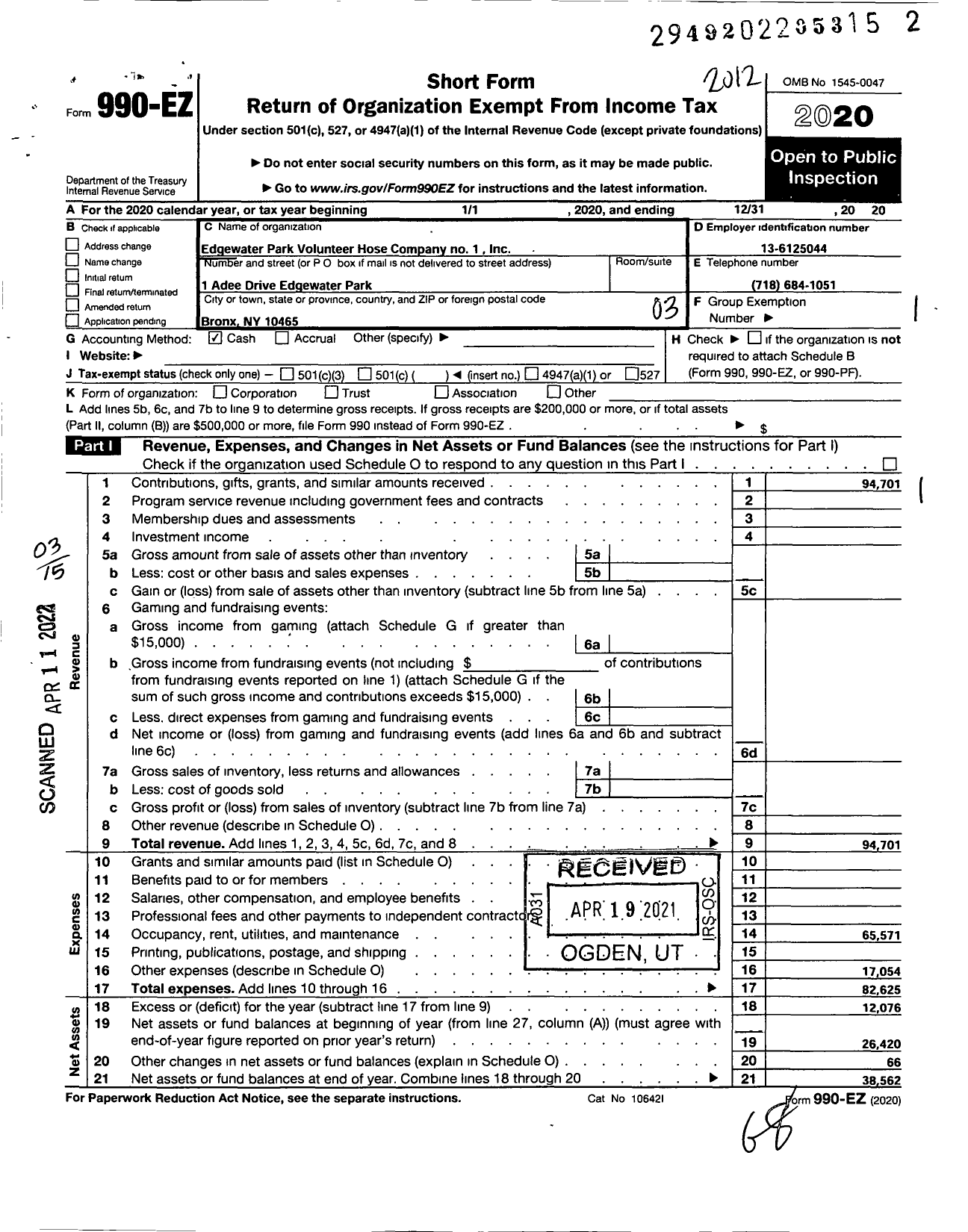 Image of first page of 2020 Form 990EZ for Edgewater Park Volunteer Hose Company No 1