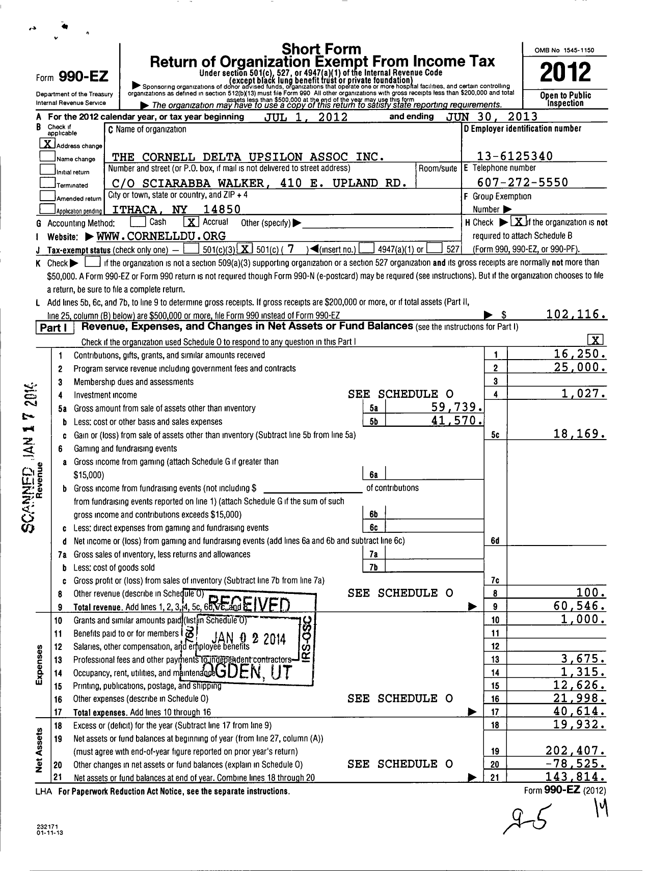 Image of first page of 2012 Form 990EO for The Cornell Delta Upsilon Association