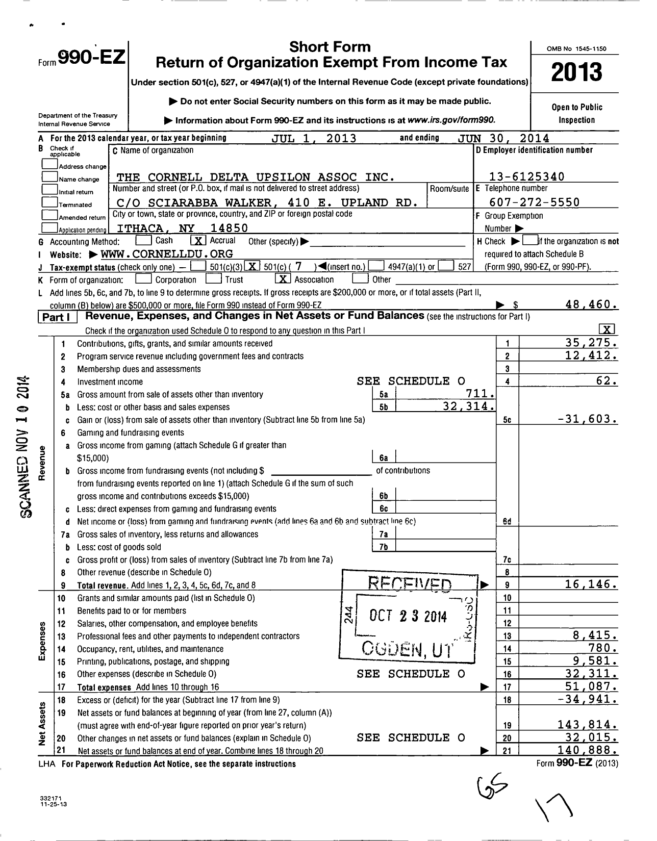 Image of first page of 2013 Form 990EO for The Cornell Delta Upsilon Association