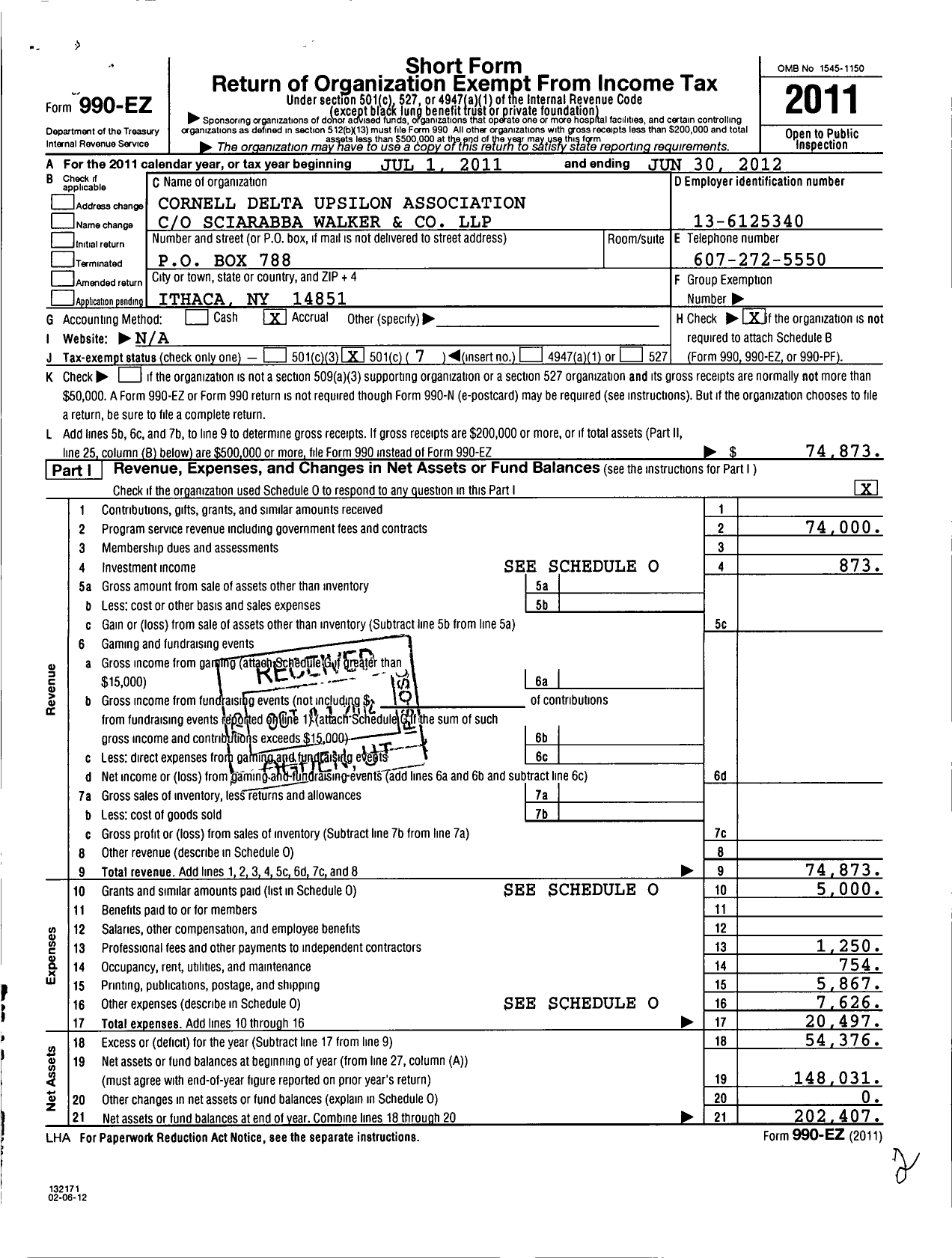 Image of first page of 2011 Form 990EO for The Cornell Delta Upsilon Association