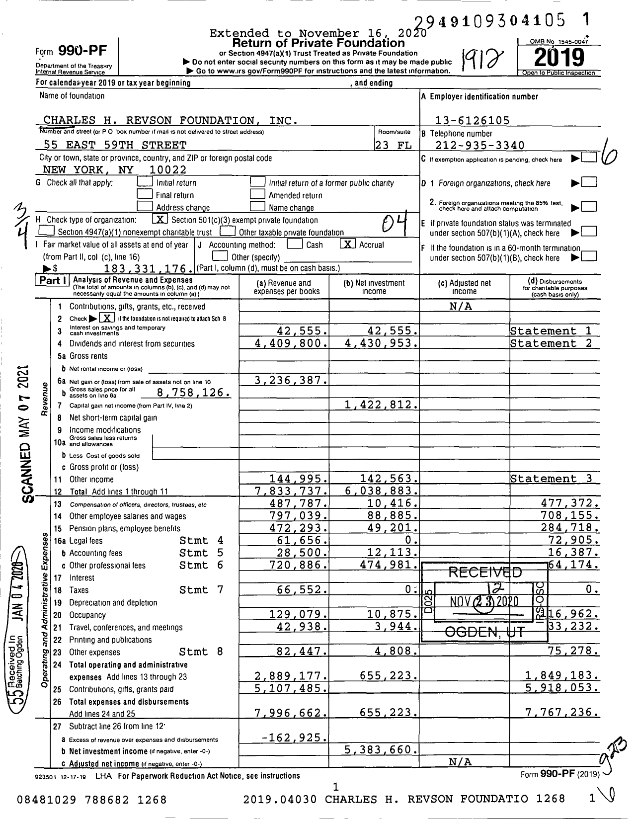 Image of first page of 2019 Form 990PF for Charles H. Revson Foundation