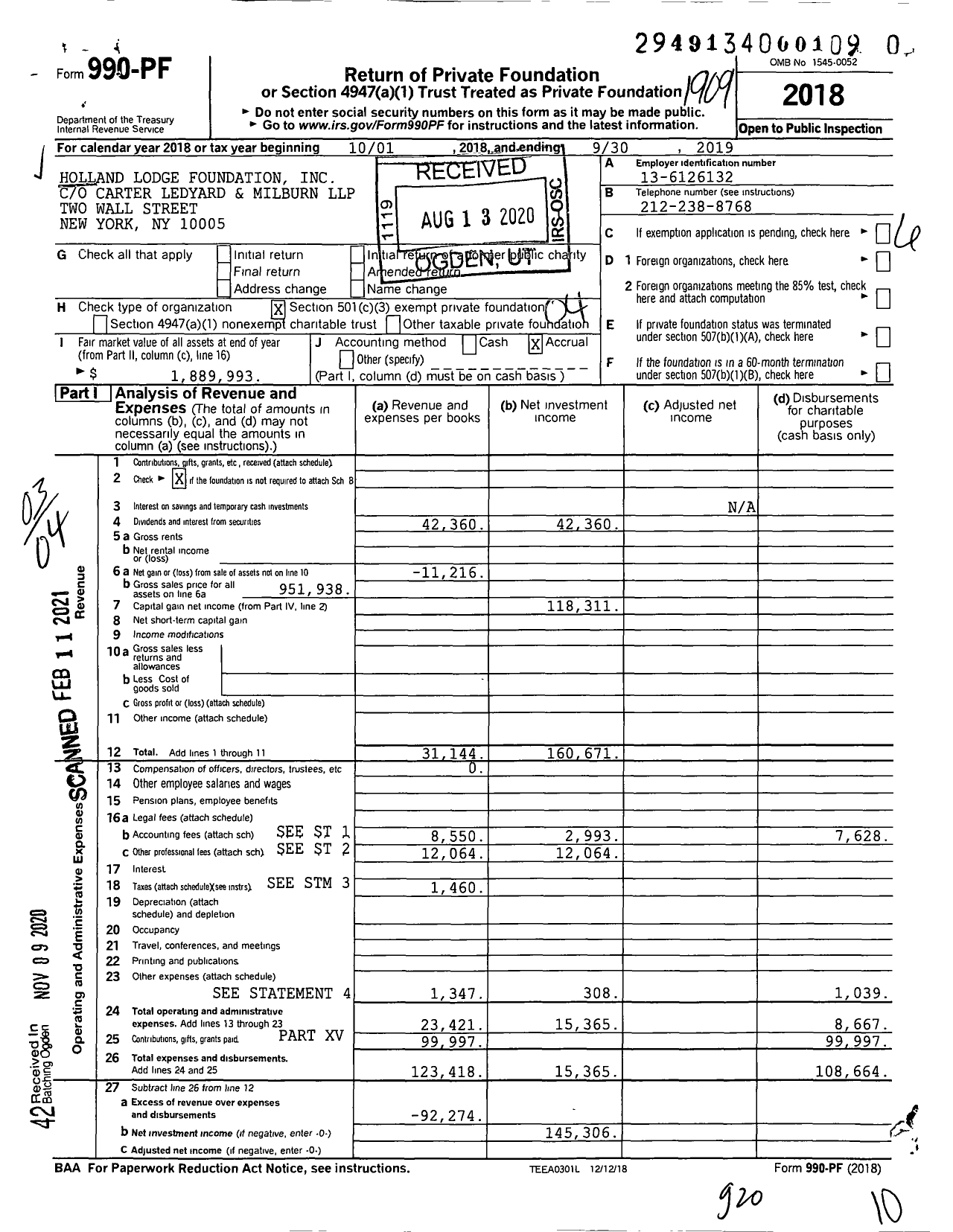 Image of first page of 2018 Form 990PF for Holland Lodge Foundation