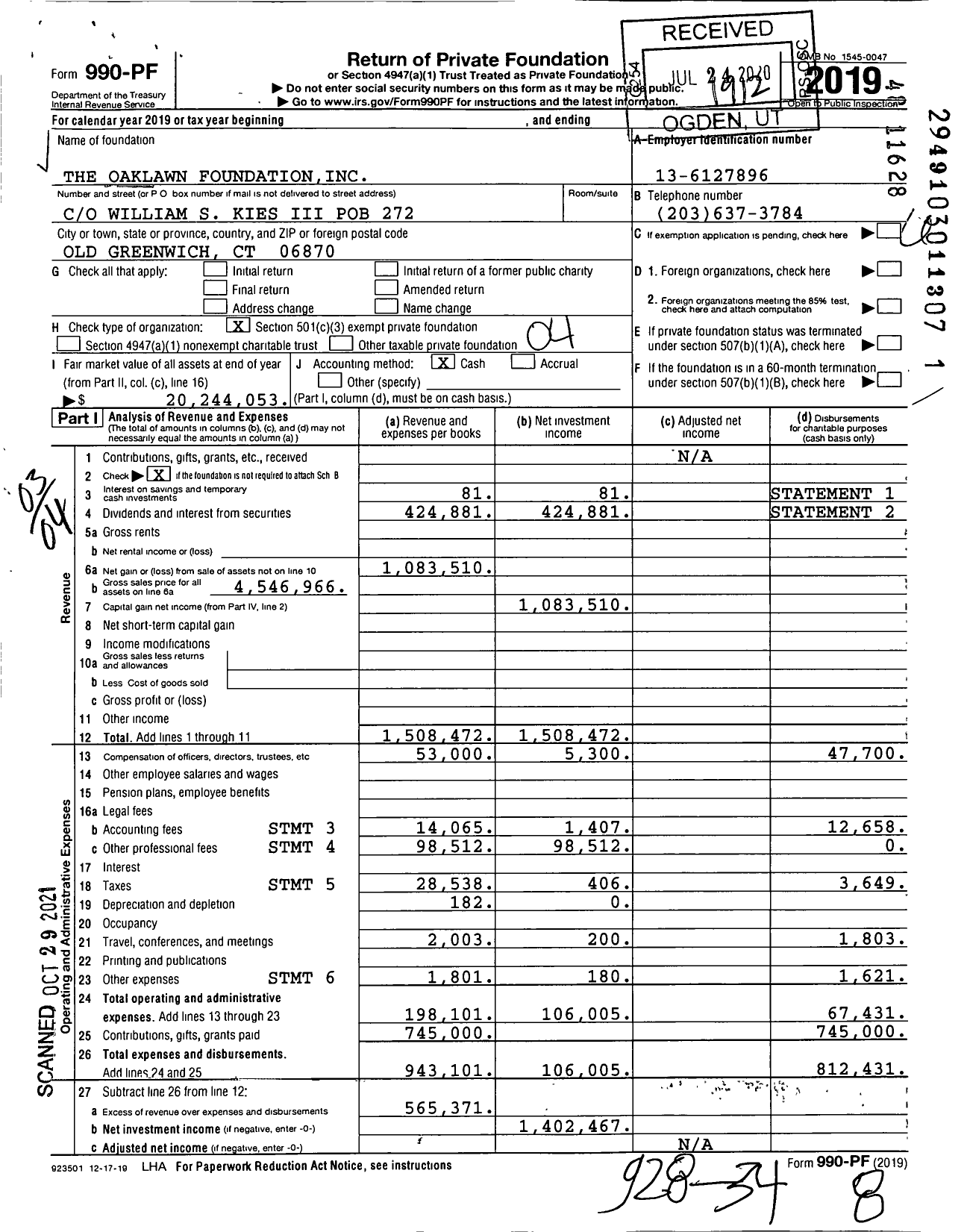 Image of first page of 2019 Form 990PF for The Oaklawn Foundation