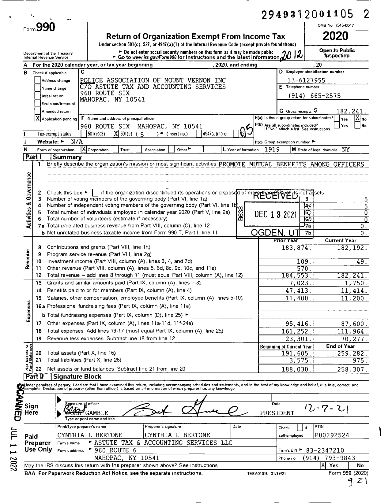 Image of first page of 2020 Form 990O for Police Association of Mount Vernon