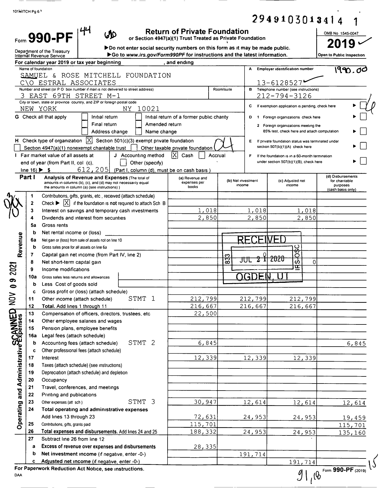 Image of first page of 2019 Form 990PF for Samuel and Rose Mitchell Foundation
