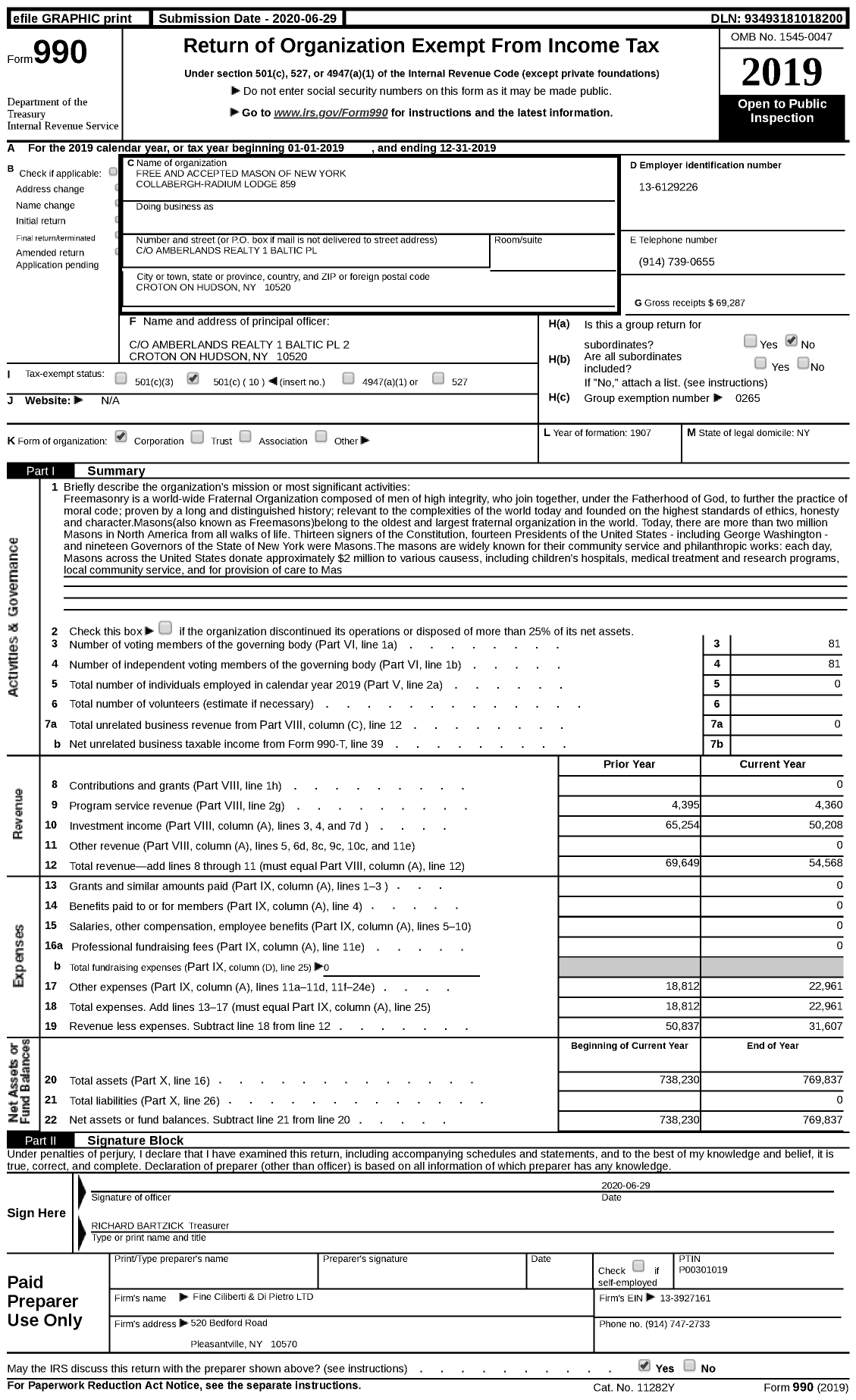 Image of first page of 2019 Form 990 for Free and Accepted Masons of New York - 859 Collabergh-Radium Lodge