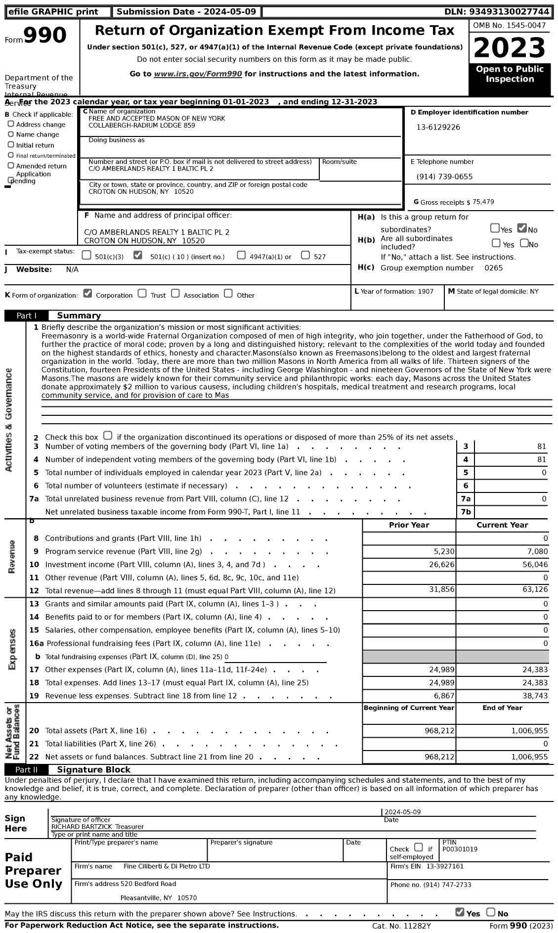 Image of first page of 2023 Form 990 for Free and Accepted Masons of New York - 859 Collabergh-Radium Lodge