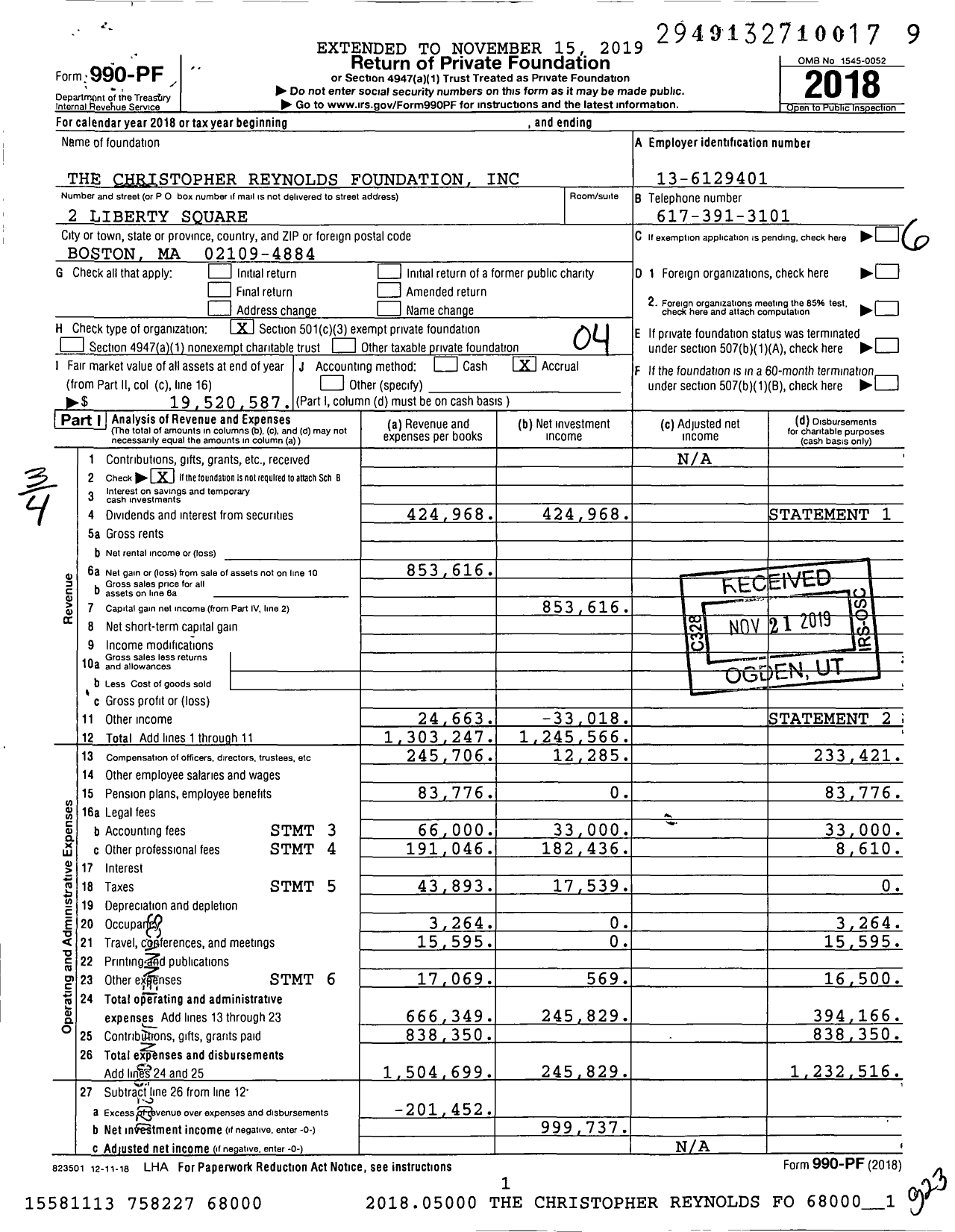 Image of first page of 2018 Form 990PF for The Christopher Reynolds Foundation