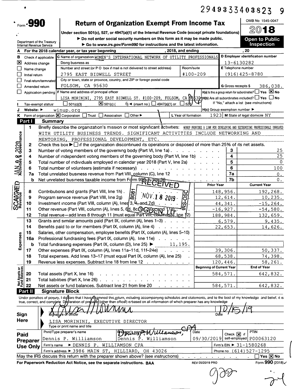 Image of first page of 2018 Form 990O for Womens International Network of Utility